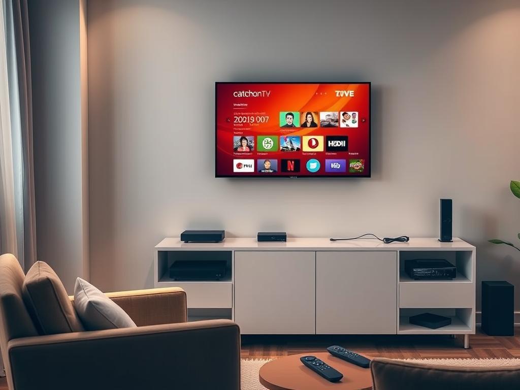 A cozy living room setting with a modern smart TV mounted on the wall, surrounded by sleek entertainment components and remote controls. The TV displays a vivid, high-definition interface showcasing the CatchOnTV service, with a clean, intuitive layout. Soft, indirect lighting illuminates the scene, creating a warm and inviting atmosphere. In the foreground, a comfortable armchair and side table provide a perfect spot for relaxing and enjoying the entertainment experience. The middle ground features a minimalist media cabinet housing various streaming devices, cables, and other accessories, all neatly organized. The background features a minimalist, neutral-toned wall decor, complementing the modern, technology-focused theme.