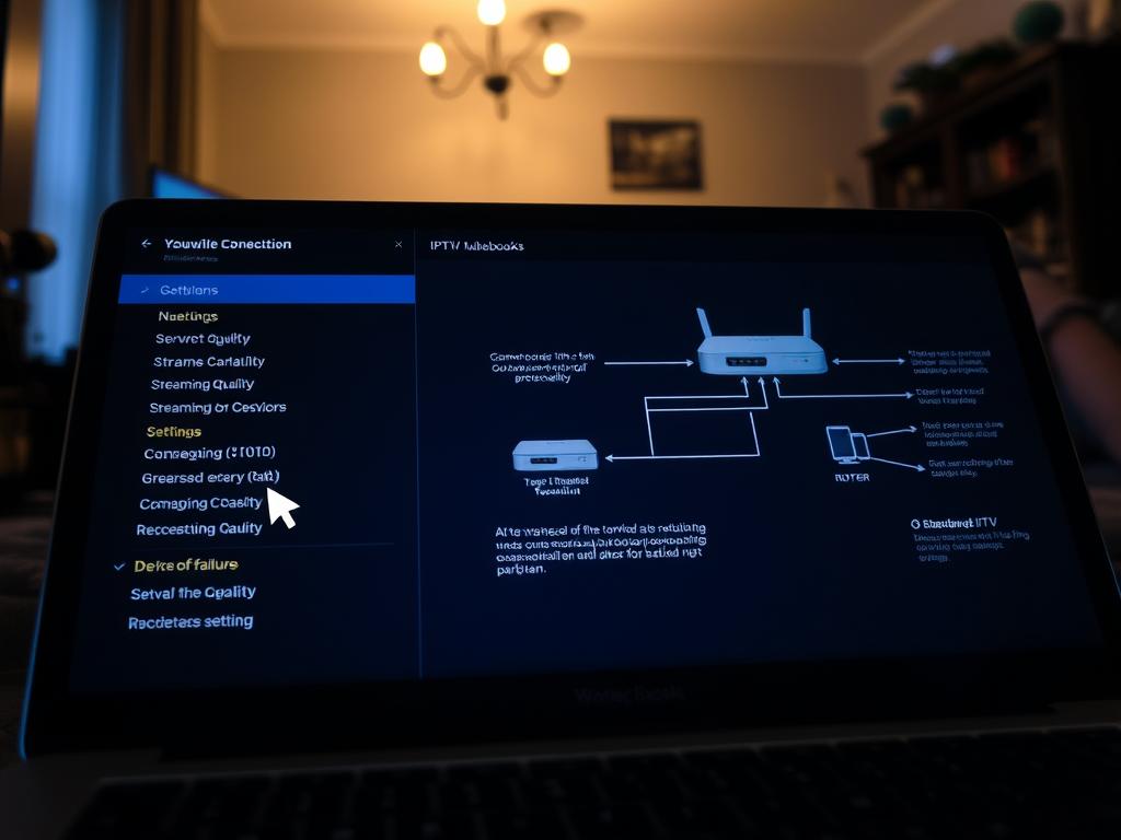 A dimly lit MacBook screen showcases a troubleshooting interface for IPTV. In the foreground, a cursor hovers over various options and settings, with a focus on network connectivity, streaming quality, and device compatibility. The middle ground features a technical diagram outlining the IPTV setup, including the router, streaming device, and potential points of failure. The background subtly depicts a user's living room, with ambient lighting and a sense of frustration and concentration. The overall mood is one of problem-solving, with a technical and investigative atmosphere, as the user navigates the complexities of troubleshooting an IPTV system on their MacBook.