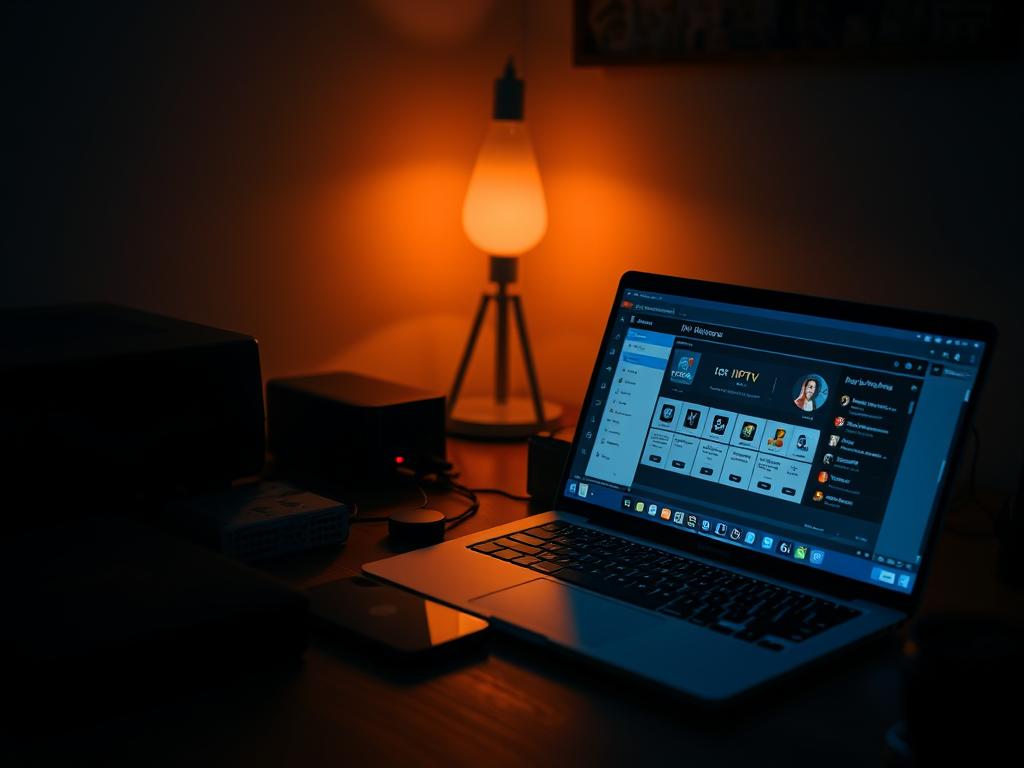 A dimly lit home office setup with a laptop, smartphone, and various networking devices on a wooden desk. A detailed illustration of the IPTV Smarters Pro app interface is displayed on the laptop screen, showcasing its intuitive dashboard and media playback controls. The room is illuminated by a warm, ambient light, creating a cozy and focused atmosphere for the installation process. The overall scene conveys a sense of productivity and technical expertise, reflecting the task of downloading and setting up the IPTV Smarters Pro application.