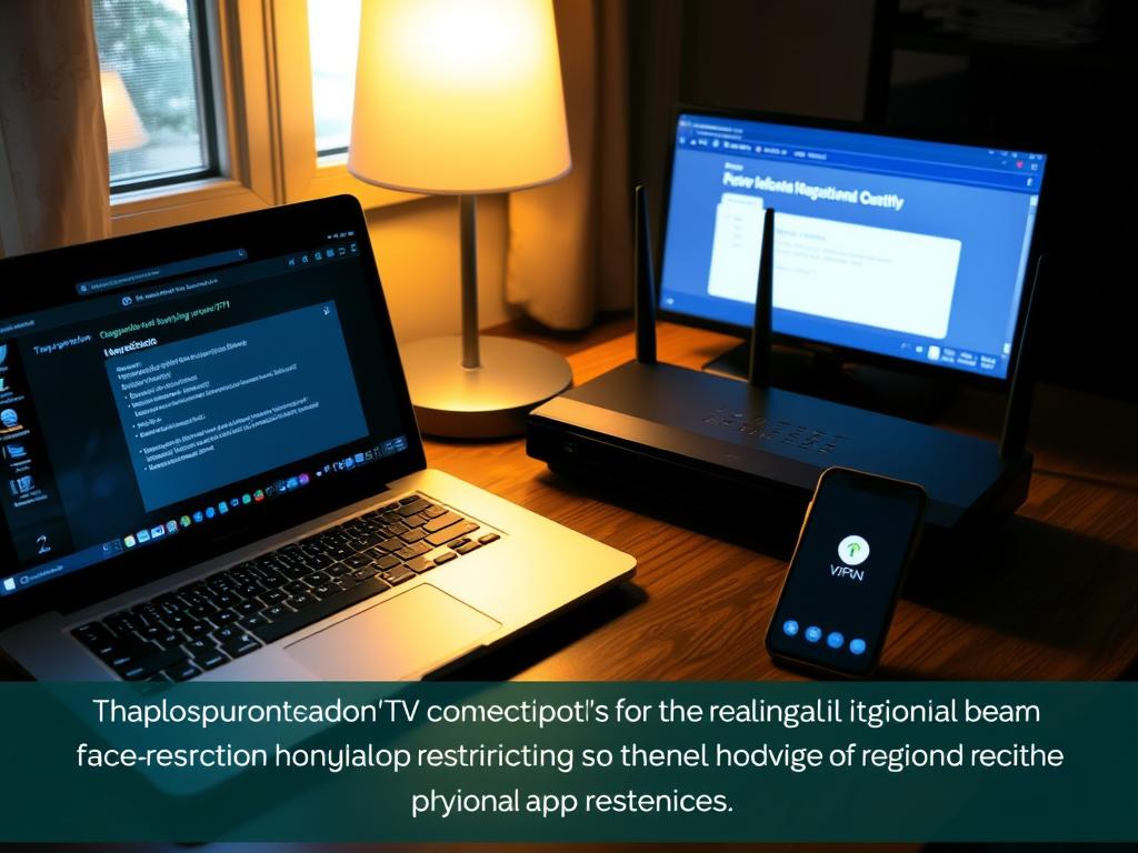 A dimly lit home office with a laptop, smartphone, and network router on a wooden desk. The laptop screen displays diagnostic tools for troubleshooting an IPTV connection, while the smartphone shows a VPN app. The room is illuminated by a soft, warm light, creating a pensive atmosphere. The overall scene conveys the challenge of resolving regional IPTV restrictions through technical solutions. A dimly lit home office with a laptop, smartphone, and network router on a wooden desk. The laptop screen displays diagnostic tools for troubleshooting an IPTV connection, while the smartphone shows a VPN app. The room is illuminated by a soft, warm light, creating a pensive atmosphere. The overall scene conveys the challenge of resolving regional IPTV restrictions through technical solutions.
