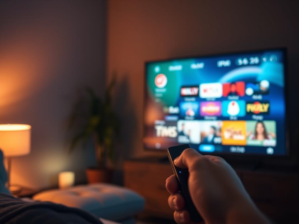 A dimly lit room with a cozy atmosphere, showcasing a Firestick device connected to a television screen. The screen displays a vibrant, high-quality IPTV interface, with various streaming options and channels. In the foreground, a hand holds a remote control, poised to navigate the optimized IPTV interface. The background features subtle, muted tones that create a sense of focus and immersion, highlighting the central elements of the IPTV streaming experience. Warm, soft lighting illuminates the scene, conveying a sense of comfort and relaxation for the viewer. A dimly lit room with a cozy atmosphere, showcasing a Firestick device connected to a television screen. The screen displays a vibrant, high-quality IPTV interface, with various streaming options and channels. In the foreground, a hand holds a remote control, poised to navigate the optimized IPTV interface. The background features subtle, muted tones that create a sense of focus and immersion, highlighting the central elements of the IPTV streaming experience. Warm, soft lighting illuminates the scene, conveying a sense of comfort and relaxation for the viewer.