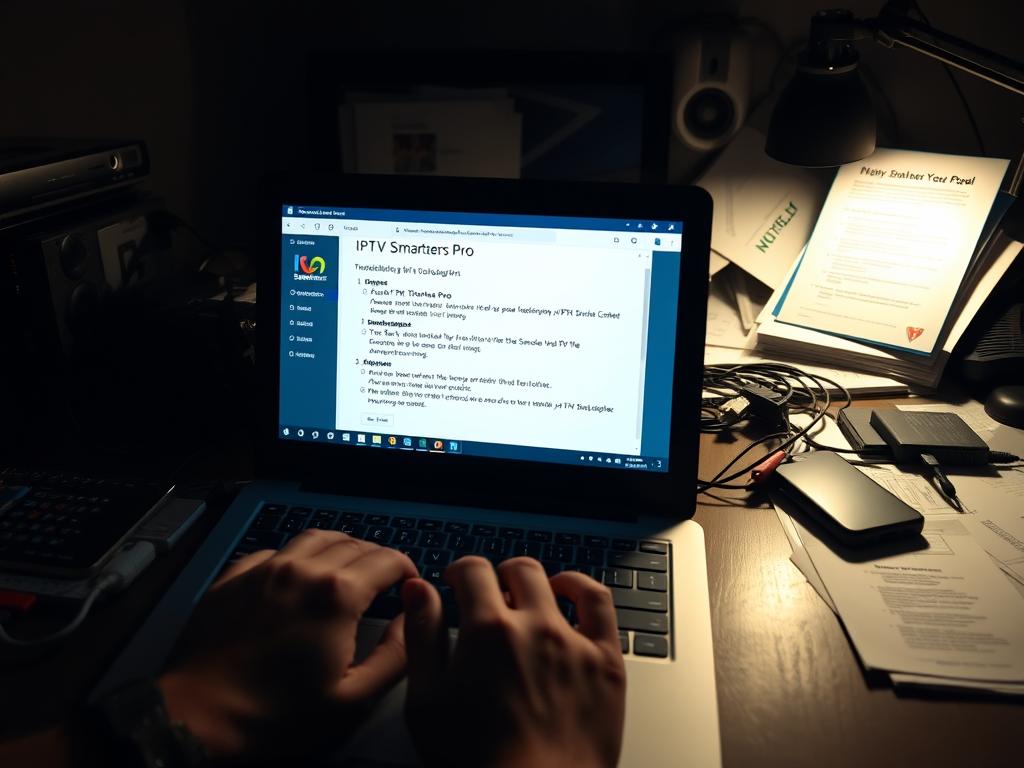 A dimly lit technical workspace with a laptop screen displaying the IPTV Smarters Pro app, showcasing troubleshooting steps. The foreground features a pair of hands typing on the keyboard, the middle ground shows various cables, adapters, and a smartphone, and the background depicts a cluttered desk with technical manuals and reference materials. The lighting is soft and warm, creating a contemplative atmosphere as the user troubleshoots the IPTV Smarters Pro downloader code issue.