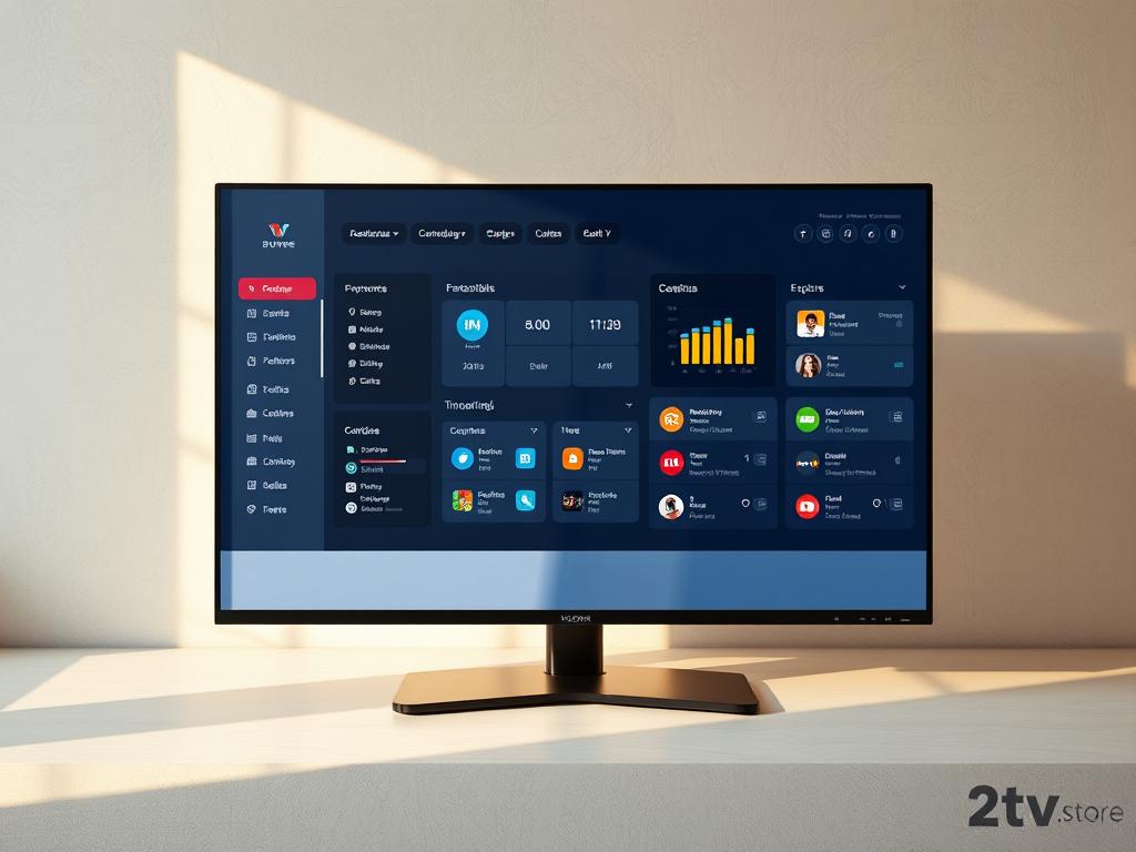 A high-resolution, detailed image of a sleek, modern IPTV reseller panel interface displayed on a large, high-definition monitor. The panel features a clean, intuitive dashboard with customizable widgets, real-time analytics, and easy-to-navigate menus. The background is a minimalist, light-colored workspace with subtle textures, creating a professional and sophisticated atmosphere. Warm, natural lighting illuminates the scene, casting soft shadows and highlights on the display. The overall composition emphasizes the panel's user-friendliness, scalability, and reliability, capturing the essence of 2tv.store's reseller-focused IPTV solution.
