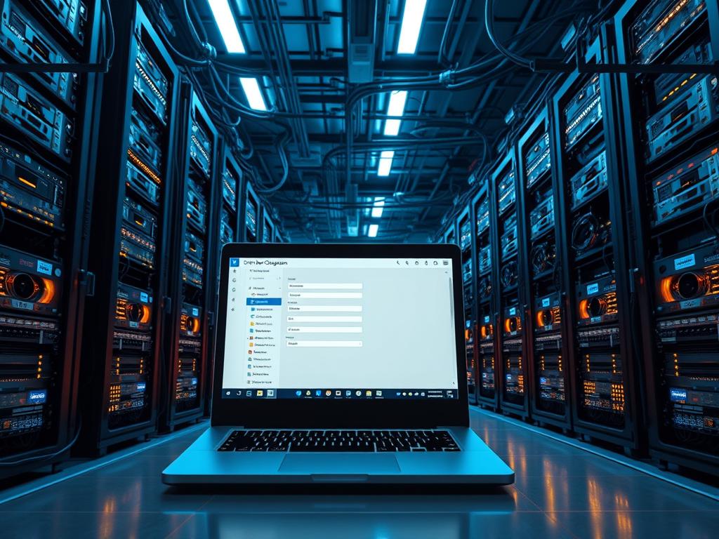 A high-tech data center filled with towering server racks, blinking lights, and intricate cable management. In the foreground, a laptop displaying a complex VPN configuration interface, its screen casting a soft glow. Holographic displays and security cameras line the walls, creating an atmosphere of advanced technology and network security. The room is dimly lit, with strategic lighting highlighting the equipment and creating dramatic shadows. The overall scene conveys the complexity and importance of a robust VPN setup for secure IPTV streaming.