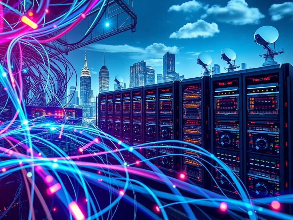 A high-tech network diagram with intricate interconnections, conveying the complexity of optimizing IPTV infrastructure. In the foreground, colorful data streams pulse through sleek cables, representing the efficient flow of content. The middle ground features a series of server racks, their flashing lights and intricate wiring symbolizing the powerful hardware driving the system. In the background, a cityscape of skyscrapers and satellite dishes hints at the global reach and scale of the IPTV network. The scene is illuminated by a cool, futuristic lighting scheme, creating a sense of technological sophistication and seamless performance - the hallmarks of a reliable IPTV service.