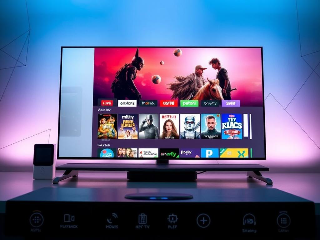 A modern, high-tech IPTV player interface showcasing its advanced features. In the foreground, sleek icons and intuitive controls for playback, settings, and content management. In the middle ground, a large, vibrant display of a curated selection of live TV channels, on-demand movies, and streaming services. The background features a subtle, gradient-based design with minimalist geometric patterns, conveying a sense of sophistication and technological prowess. The lighting is soft and diffused, creating a clean, polished aesthetic. The camera angle is slightly elevated, giving an overview of the player's comprehensive functionality and user-friendly layout. A modern, high-tech IPTV player interface showcasing its advanced features. In the foreground, sleek icons and intuitive controls for playback, settings, and content management. In the middle ground, a large, vibrant display of a curated selection of live TV channels, on-demand movies, and streaming services. The background features a subtle, gradient-based design with minimalist geometric patterns, conveying a sense of sophistication and technological prowess. The lighting is soft and diffused, creating a clean, polished aesthetic. The camera angle is slightly elevated, giving an overview of the player's comprehensive functionality and user-friendly layout.