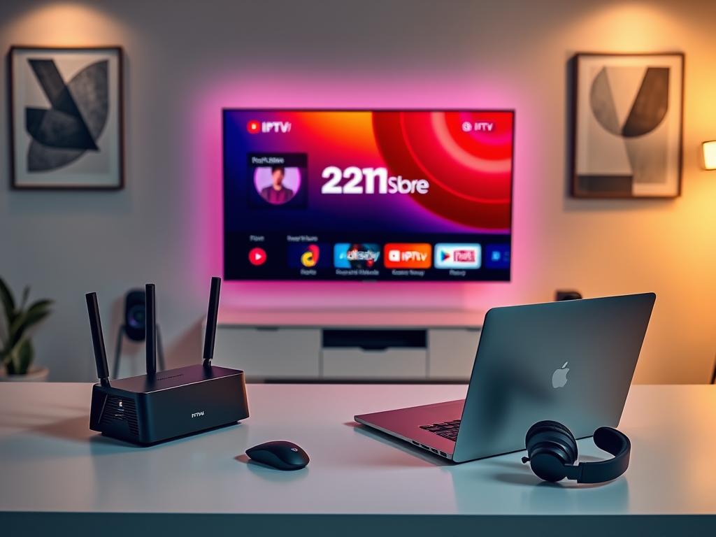 A modern home office setup with a sleek, minimalist VPN router and a high-resolution 4K TV displaying a vibrant 2TV.store IPTV interface. The desk is neatly organized with a laptop, a wireless mouse, and a pair of premium headphones. Soft, diffused lighting illuminates the scene, creating a warm and productive atmosphere. The walls feature modern abstract art prints, complementing the contemporary aesthetic. The overall composition conveys a sense of effortless connectivity and entertainment optimization.