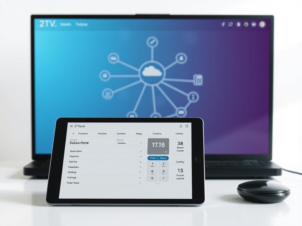 A modern, minimalist desktop interface showcasing the 2TV.store IPTV subscription management system. In the foreground, a sleek tablet device displays the subscription details, with clean typography and intuitive controls. The middle ground features a laptop displaying the 2TV.store web portal, highlighting the platform's user-friendly subscription management tools. In the background, a stylized network diagram depicts the seamless IPTV connectivity, conveying a sense of reliability and convenience. The scene is bathed in a soft, natural lighting, creating a calm and professional atmosphere suitable for the subject matter.