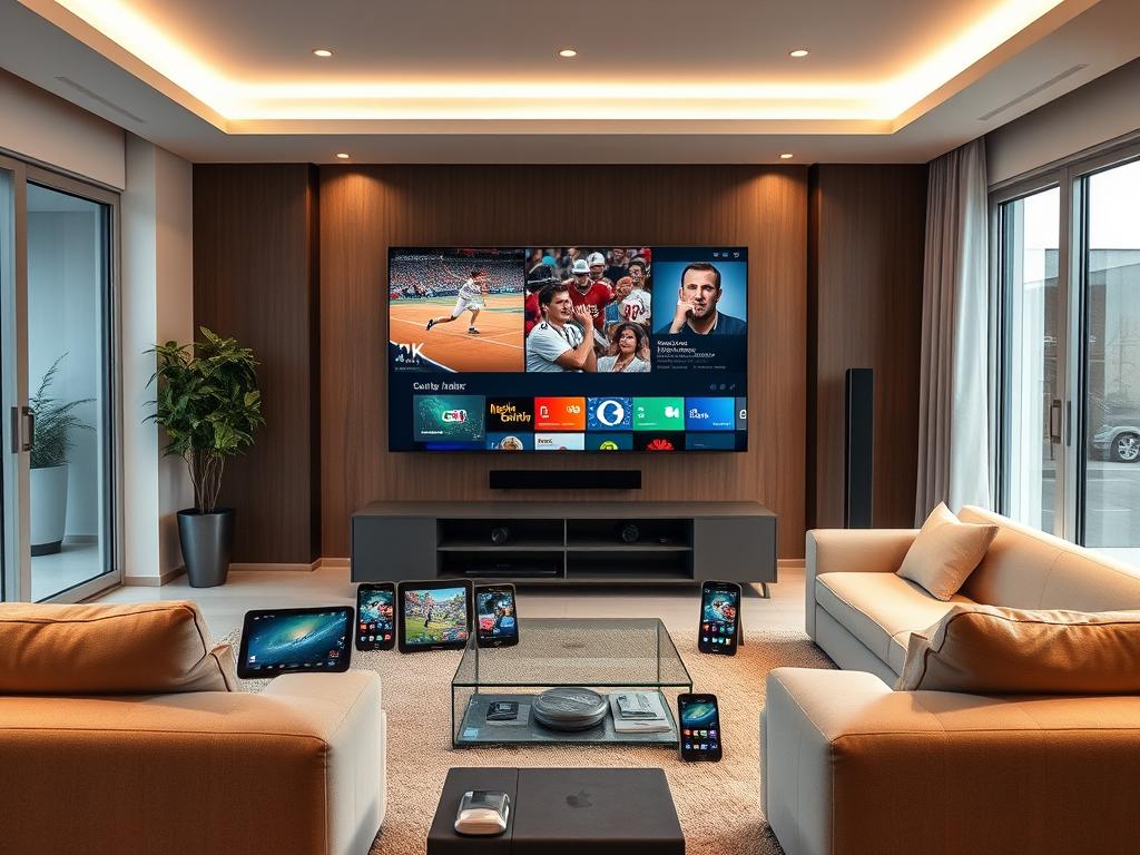 A modern, well-lit home media room with sleek, minimalist furniture. In the center, a large 4K television displays multiple video feeds - a sports event, a news broadcast, and a streaming service. Surrounding the TV, several high-end tablets and smartphones are arranged, showcasing different IPTV content. The room has a warm, inviting ambiance, with soft indirect lighting and large windows allowing natural light to fill the space. The overall scene conveys a sense of advanced, effortless home entertainment, perfect for a power user's setup.