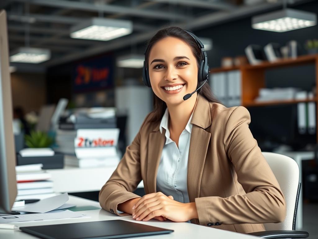 A professional customer service representative sitting at a desk, with a warm and approachable expression, ready to assist a customer with their IPTV subscription from 2tv.store. The scene is set in a modern, well-lit office environment, with a clean and organized desk, and various office supplies in the background. The representative is dressed in a smart, casual attire, conveying a sense of competence and reliability. The lighting is soft and diffused, creating a welcoming atmosphere. The camera angle is slightly elevated, giving a sense of professionalism and authority, while still maintaining a friendly and accessible vibe.