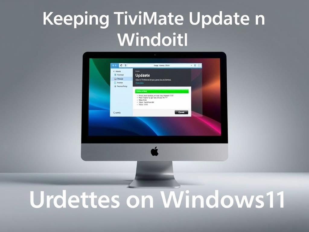 A professional-looking desktop computer with a sleek, modern design, displaying the TiviMate IPTV player application on the screen. The application interface shows an update process with progress bars and version information, indicating the user is updating the software to the latest version. The computer is set against a clean, minimalist background, with subtle lighting that creates a sense of depth and emphasizes the screen's display. The overall scene conveys a sense of efficiency and technological sophistication, suitable for illustrating the "Keeping TiviMate Updated on Windows11" section of the article. A professional-looking desktop computer with a sleek, modern design, displaying the TiviMate IPTV player application on the screen. The application interface shows an update process with progress bars and version information, indicating the user is updating the software to the latest version. The computer is set against a clean, minimalist background, with subtle lighting that creates a sense of depth and emphasizes the screen's display. The overall scene conveys a sense of efficiency and technological sophistication, suitable for illustrating the "Keeping TiviMate Updated on Windows11" section of the article.