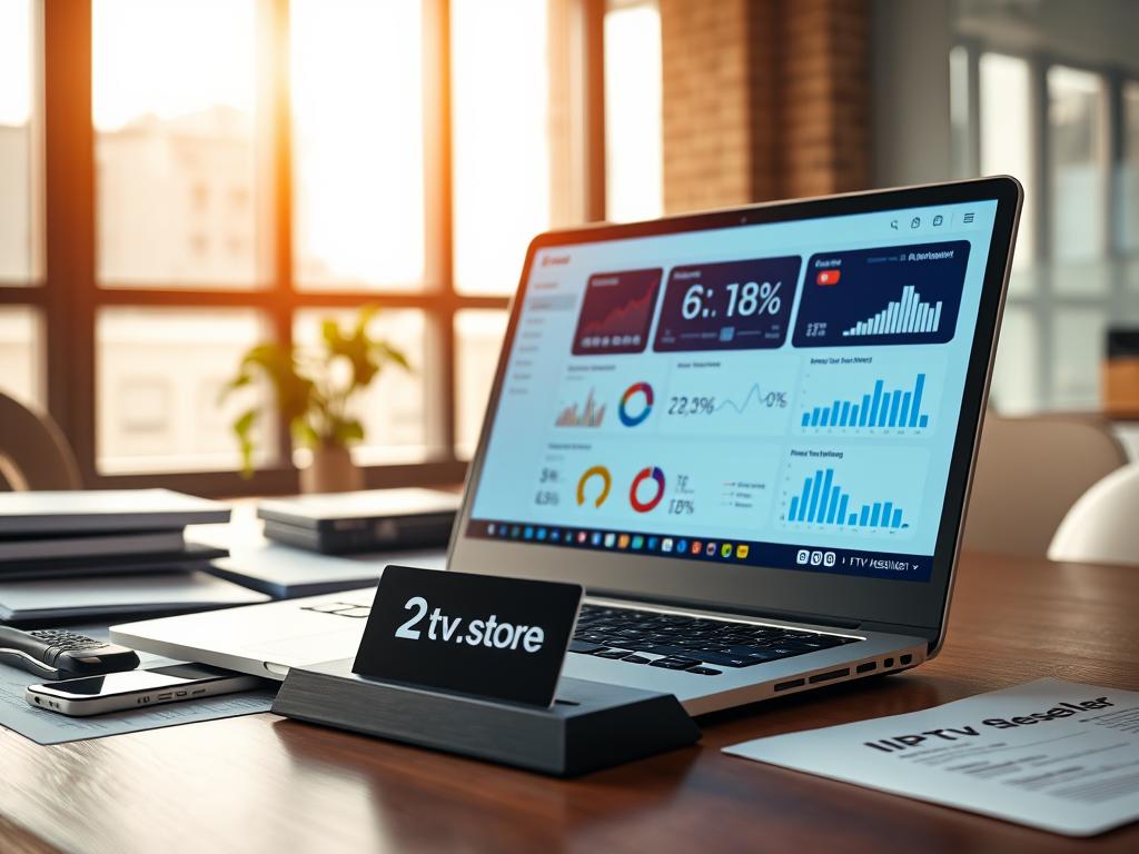 A professional-looking office desk with a laptop, smartphone, and paperwork, illuminated by warm, natural lighting from a large window in the background. The desk is neatly organized, with a business card holder displaying the "2tv.store" branding. On the laptop screen, a dashboard shows various IPTV reseller metrics and statistics, highlighting the efficient management of the IPTV reseller business. The overall atmosphere conveys a sense of productivity, organization, and the successful operation of an IPTV reseller service.