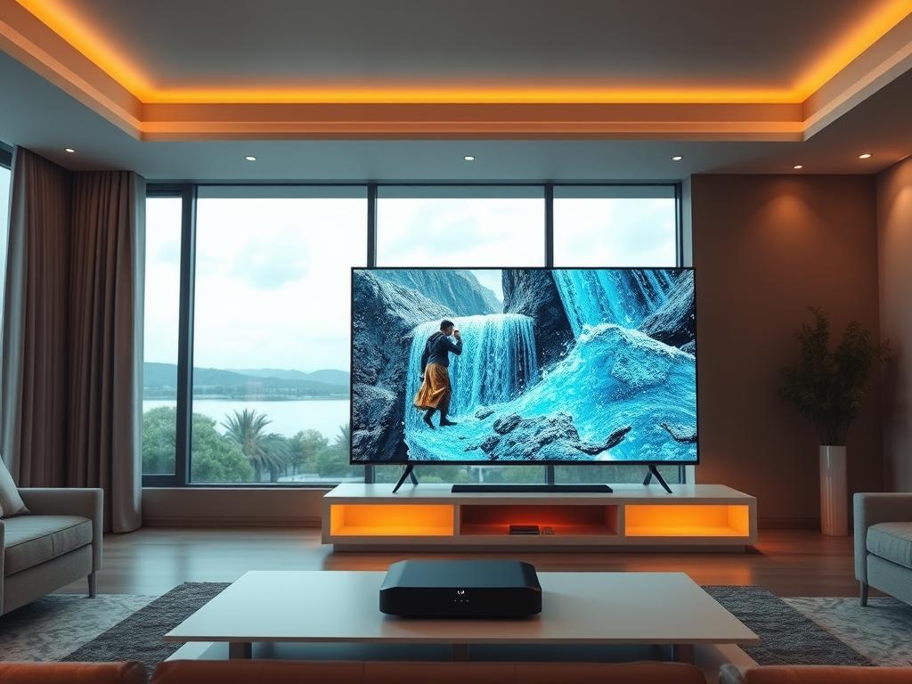 A serene living room with a large flatscreen TV displaying a vibrant, high-definition IPTV image. The room is bathed in warm, diffused lighting from hidden ceiling fixtures, creating a cozy, cinematic atmosphere. The TV screen showcases a detailed, crystal-clear picture with rich colors and deep blacks, demonstrating the exceptional image quality optimization of the IPTV service. In the foreground, a sleek, modern media console houses the IPTV streaming device, its minimalist design complementing the elegant decor. Through the large windows, a picturesque outdoor scene is visible, blending the indoor and outdoor spaces seamlessly.