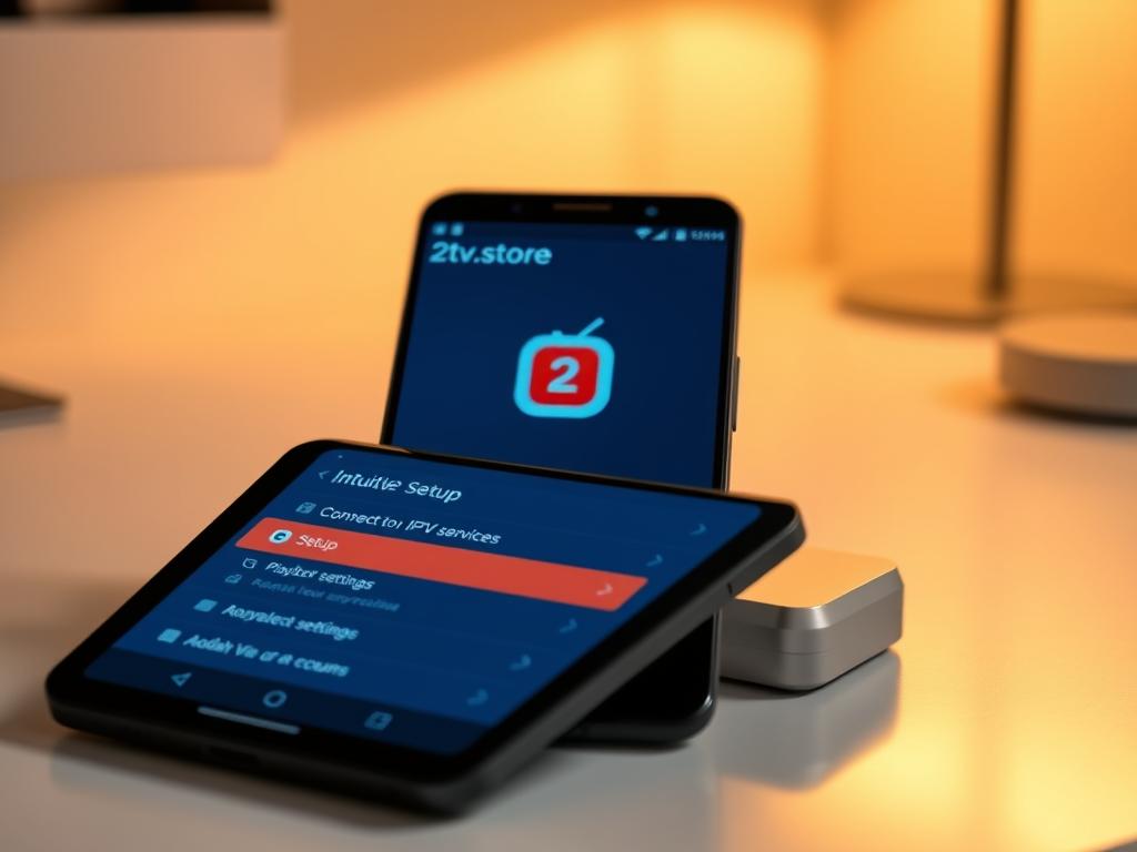 A sleek Android smartphone rests on a minimalist desk, its screen displaying the intuitive 2tv.store interface. The foreground showcases the app's setup menu, with options for connecting to IPTV services, configuring playback settings, and managing user accounts. The middle ground depicts the device's home screen, featuring a clean, modern design that highlights the 2tv.store app icon. In the background, a warm, indirect lighting creates a cozy, inviting atmosphere, setting the stage for a seamless IPTV experience on the Android device. A sleek Android smartphone rests on a minimalist desk, its screen displaying the intuitive 2tv.store interface. The foreground showcases the app's setup menu, with options for connecting to IPTV services, configuring playback settings, and managing user accounts. The middle ground depicts the device's home screen, featuring a clean, modern design that highlights the 2tv.store app icon. In the background, a warm, indirect lighting creates a cozy, inviting atmosphere, setting the stage for a seamless IPTV experience on the Android device.