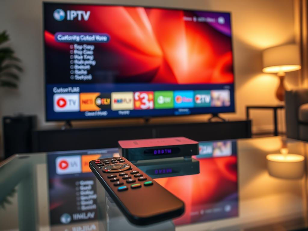 A sleek, modern setup with a high-definition television screen displaying a vibrant, customizable IPTV interface. In the foreground, a sophisticated remote control with intuitive buttons and a minimalist design lies on a glass coffee table, reflecting the screen's elegant visuals. The middle ground features a state-of-the-art media player, its streamlined form complementing the room's minimalist aesthetic. The background showcases a cozy, well-lit living space, with warm lighting and neutral tones creating a comfortable, inviting atmosphere for optimal viewing and entertainment experience.