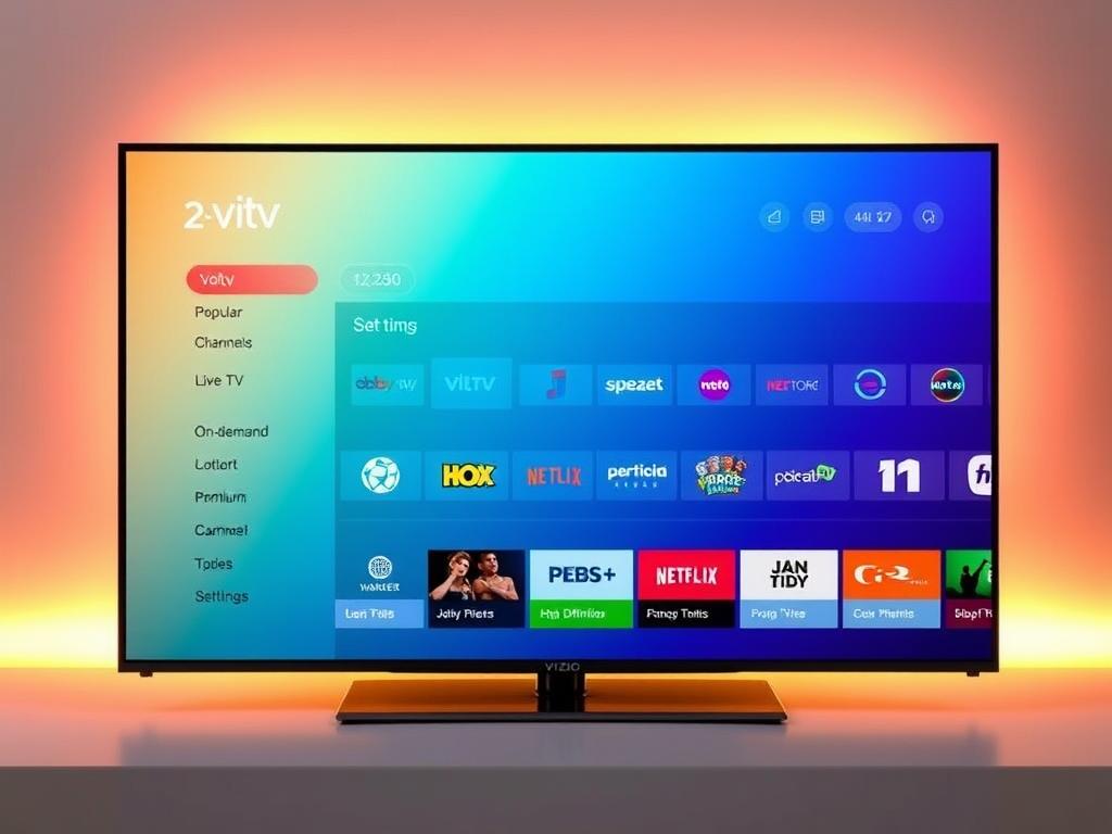 A vibrant and modern 2tv.store interface displayed on a Vizio smart TV screen. The foreground features a clean, intuitive layout with clearly labeled sections for popular IPTV channels, live TV, on-demand content, and user settings. Colorful icons and imagery guide the user experience. The middle ground showcases a selection of high-definition, premium channel logos, hinting at the breadth of content available. In the background, a soft, gradient-based color scheme creates a sleek, high-tech ambiance, complemented by subtle lighting effects that emanate from the screen, casting a warm glow. The overall composition conveys a sense of advanced, yet user-friendly IPTV functionality tailored for the Vizio smart TV platform. A vibrant and modern 2tv.store interface displayed on a Vizio smart TV screen. The foreground features a clean, intuitive layout with clearly labeled sections for popular IPTV channels, live TV, on-demand content, and user settings. Colorful icons and imagery guide the user experience. The middle ground showcases a selection of high-definition, premium channel logos, hinting at the breadth of content available. In the background, a soft, gradient-based color scheme creates a sleek, high-tech ambiance, complemented by subtle lighting effects that emanate from the screen, casting a warm glow. The overall composition conveys a sense of advanced, yet user-friendly IPTV functionality tailored for the Vizio smart TV platform.
