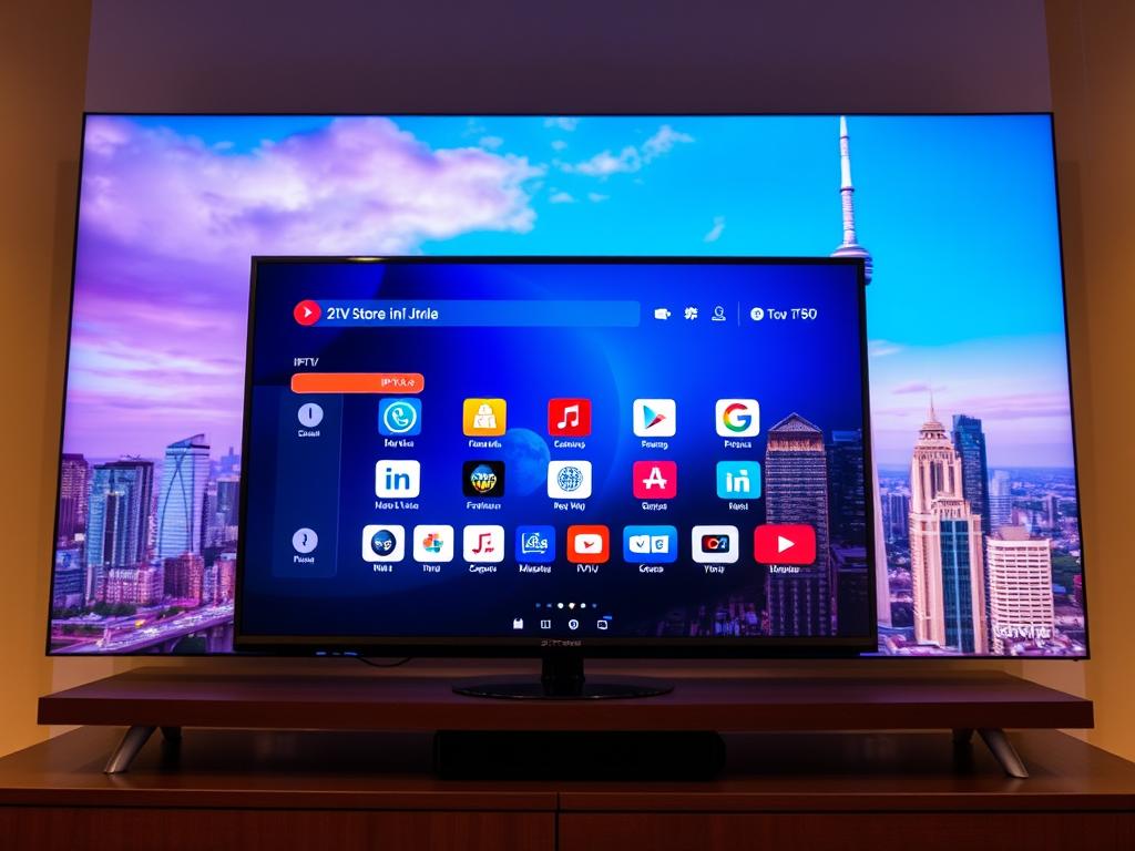 A vibrant, high-definition IPTV streaming interface filling the frame. In the foreground, a sleek, modern media player application showcases a crisp, 4K video feed. The middle ground features an array of app icons and navigation controls, hinting at the breadth of content available. The background depicts a stylized cityscape, alluding to the global reach and accessibility of the IPTV service. Warm, balanced lighting illuminates the scene, creating a sense of clarity and professionalism. The overall composition conveys the reliable, cutting-edge nature of the 2tv.store IPTV platform.