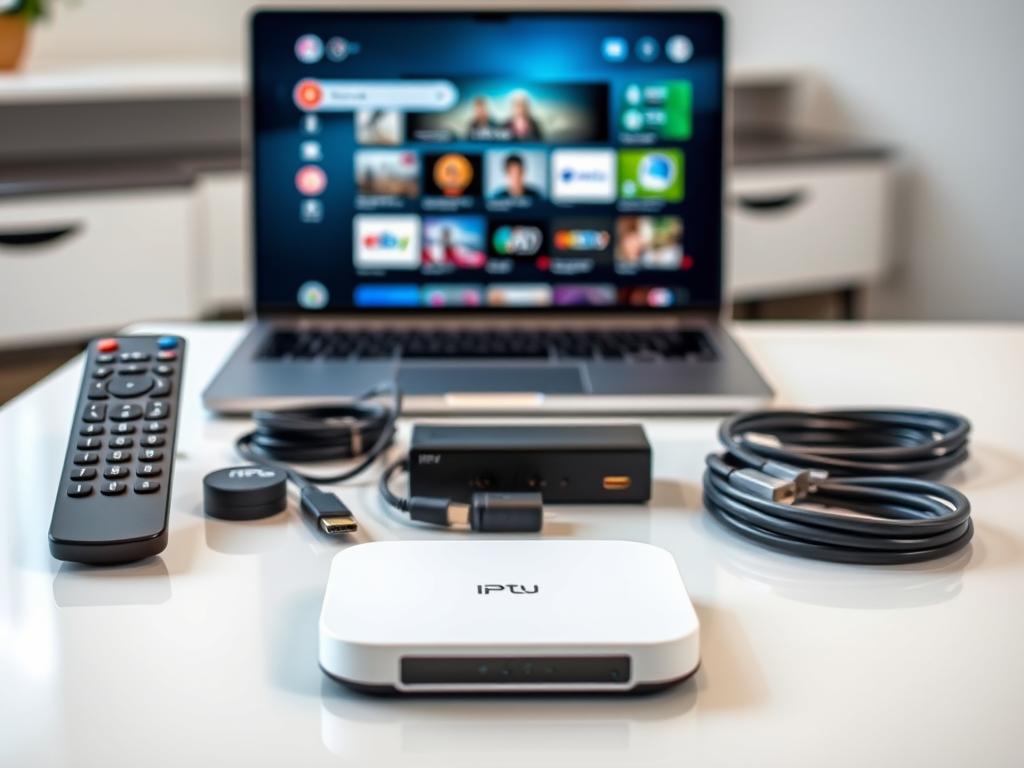 A well-lit, close-up shot of an assortment of IPTV-related tools and accessories arranged on a sleek, modern surface. In the foreground, a high-quality remote control, a smart streaming device, and a compact IPTV box with a clean, minimalist design. In the middle ground, a cable organizer, a USB hub, and a set of high-speed HDMI cables. In the background, a laptop or tablet displaying the user interface of a feature-rich IPTV app. The overall composition conveys a sense of efficiency, organization, and technological sophistication, perfectly suited to enhance the viewer's IPTV experience.