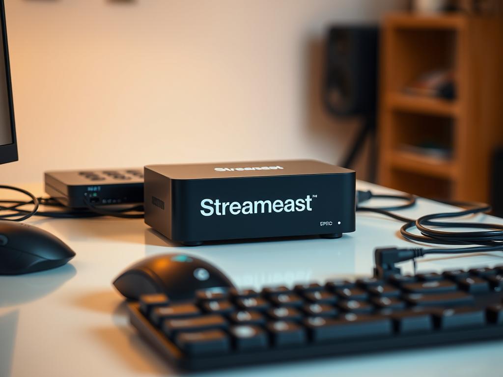 A well-lit, detailed close-up shot of a modern streaming device setup, centered on a sleek black box with the Streameast logo prominently displayed. The device is placed on a minimalist white desk, surrounded by a high-end gaming mouse, a compact wireless keyboard, and various cables neatly organized and routed. The background features a blurred, clean interior, with warm lighting and neutral tones, creating a professional and technology-focused atmosphere. The overall composition emphasizes the simplicity and elegance of the Streameast device configuration, highlighting its essential role in the step-by-step guide.