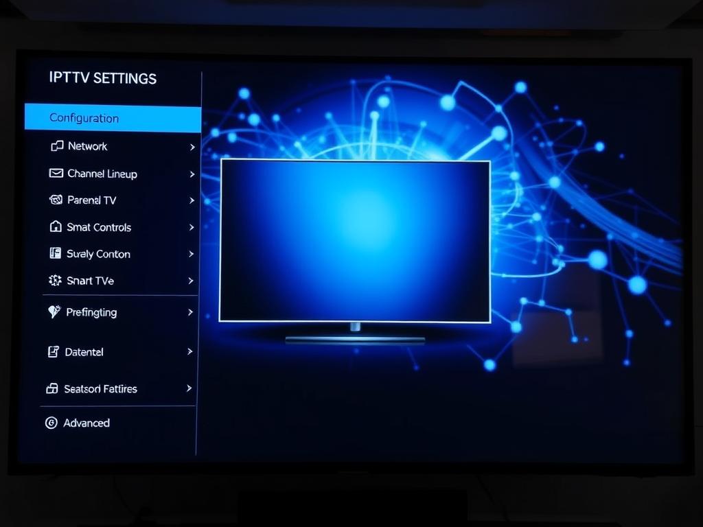 A well-lit, detailed configuration screen for an IPTV (Internet Protocol Television) service, showcasing various settings and options. The foreground features a modern, intuitive user interface with clearly labeled sections for network settings, channel lineup, parental controls, and advanced options. The middle ground depicts a sleek, minimalist smart TV interface, hinting at the seamless integration of the IPTV service. The background portrays a stylized, abstract representation of the internet and streaming technology, conveying the digital nature of the IPTV experience. The overall mood is one of professionalism, clarity, and technological sophistication, reflecting the optimal performance and user-friendly setup of the IPTV system. A well-lit, detailed configuration screen for an IPTV (Internet Protocol Television) service, showcasing various settings and options. The foreground features a modern, intuitive user interface with clearly labeled sections for network settings, channel lineup, parental controls, and advanced options. The middle ground depicts a sleek, minimalist smart TV interface, hinting at the seamless integration of the IPTV service. The background portrays a stylized, abstract representation of the internet and streaming technology, conveying the digital nature of the IPTV experience. The overall mood is one of professionalism, clarity, and technological sophistication, reflecting the optimal performance and user-friendly setup of the IPTV system.