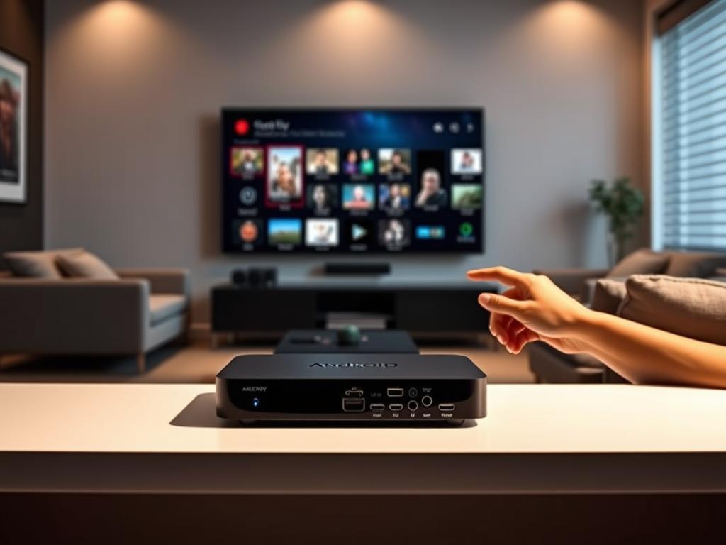 A well-lit, detailed scene depicting the setup of an Android TV device for IPTV streaming. In the foreground, an Android TV box is prominently displayed, its sleek design and assortment of ports clearly visible. The middle ground shows the user's hands navigating the device's interface, selecting IPTV app options. The background features a modern living room setup, with a large flat-screen TV, comfortable furniture, and subtle lighting, creating a cozy and inviting atmosphere. The scene conveys a sense of simplicity and ease of use, showcasing the seamless integration of Android TV and IPTV technology for uninterrupted entertainment.