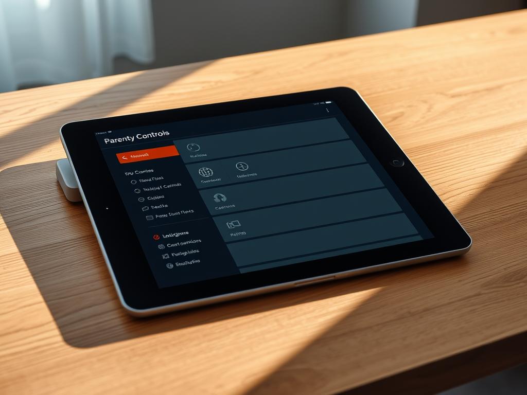 A well-lit, high-quality image of an iPad displaying an IPTV streaming interface with intuitive parental controls prominently featured. The iPad is positioned on a sleek, modern wooden desk, casting soft shadows. The interface showcases clear, easy-to-navigate menus with icons for various IPTV channels and settings, including a dedicated parental controls section. The scene exudes a sense of simplicity and user-friendliness, highlighting the seamless IPTV experience on the iPad. The lighting is natural and balanced, creating a calm, inviting atmosphere.