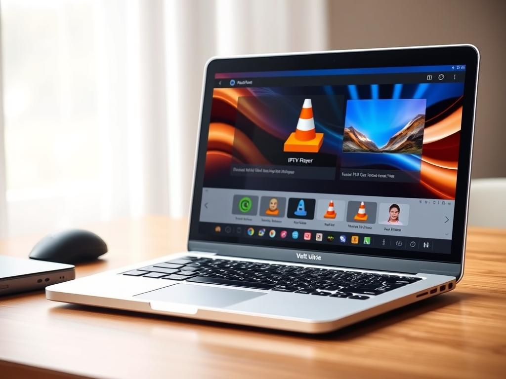 A well-lit, high-resolution image of a MacBook Pro on a wooden desk, displaying the VLC media player interface with the IPTV player controls prominently featured. The MacBook's screen shows a vibrant, high-quality video stream with a clean, intuitive user interface. The scene conveys a sense of simplicity and ease of use, highlighting the seamless integration of IPTV on the MacBook platform. The lighting is soft and natural, creating a warm, inviting atmosphere. The angle showcases the MacBook's sleek design and the VLC player's intuitive layout, making it an informative and visually appealing illustration for the article's "Method1: Installing IPTV on MacBook Using VLC Media Player" section.