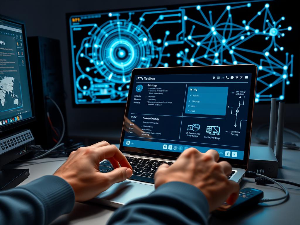 A well-lit technical setup with a desktop computer, network router, and various cables and devices related to VPN and IPTV troubleshooting. In the foreground, a person's hands are interacting with the computer interface, analyzing network settings and diagnostics. The middle ground features an open laptop displaying VPN connection details and IPTV streaming status. The background showcases a futuristic digital interface with interconnected network visualizations. The overall mood is one of focused problem-solving, with a clean, minimalist aesthetic reflecting the technical nature of the task at hand.