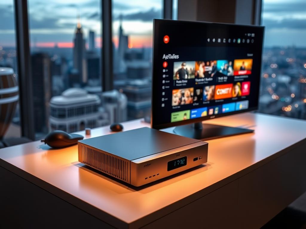 An IPTV streaming device sits atop a sleek, modern desk, its clean lines and minimalist design reflecting the optimal performance it delivers. Soft, diffused lighting casts a warm glow, illuminating the intricate components within the device's chassis. The device's interface is displayed on a high-resolution monitor, showcasing intuitive menus and crisp, vibrant visuals. In the background, a city skyline is visible through a large window, hinting at the boundless entertainment and content the device can access. The overall scene conveys a sense of technological refinement and efficiency, perfectly capturing the essence of "Optimizing Your IPTV Streaming Device for Peak Performance." An IPTV streaming device sits atop a sleek, modern desk, its clean lines and minimalist design reflecting the optimal performance it delivers. Soft, diffused lighting casts a warm glow, illuminating the intricate components within the device's chassis. The device's interface is displayed on a high-resolution monitor, showcasing intuitive menus and crisp, vibrant visuals. In the background, a city skyline is visible through a large window, hinting at the boundless entertainment and content the device can access. The overall scene conveys a sense of technological refinement and efficiency, perfectly capturing the essence of "Optimizing Your IPTV Streaming Device for Peak Performance."
