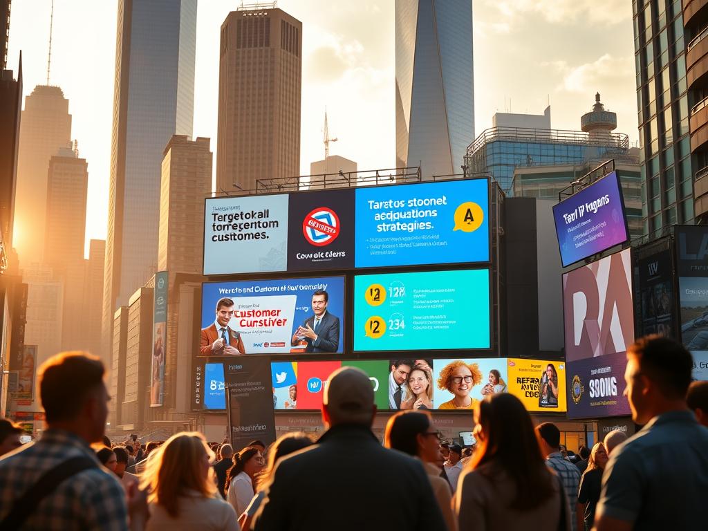 A bustling urban landscape, with towering skyscrapers and a vibrant street scene below. In the foreground, a group of people engaged in animated conversation, gesturing and exchanging ideas. In the middle ground, a series of billboards and digital displays showcasing various customer acquisition strategies, from targeted social media campaigns to loyalty programs and referral incentives. The background is bathed in a warm, golden light, creating a sense of energy and opportunity. The overall atmosphere is one of dynamism and innovation, reflecting the excitement of starting a new IPTV business and the crucial importance of effective customer acquisition and retention tactics.