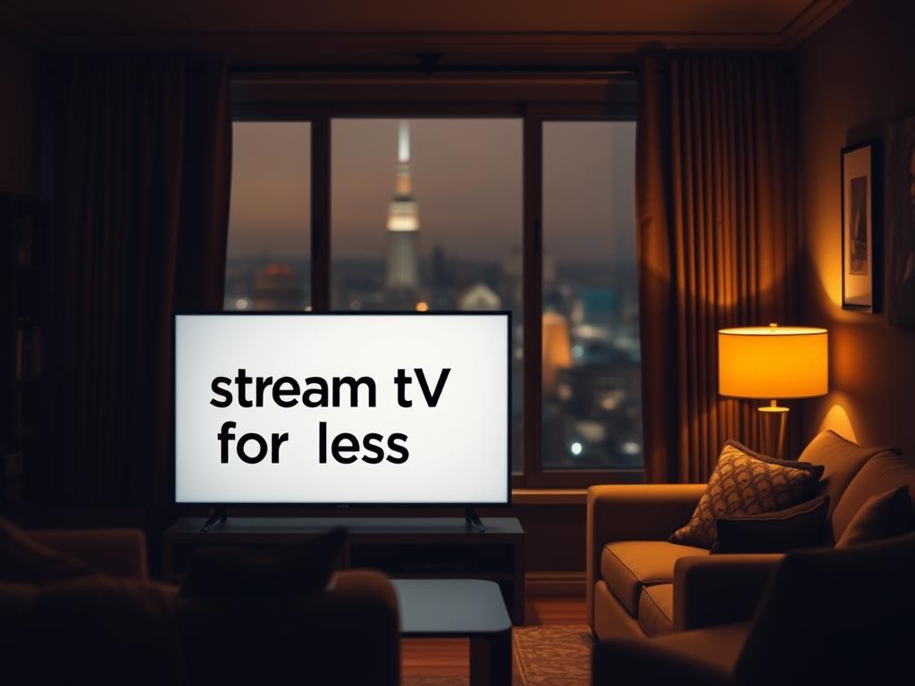 A cozy living room setting, dimly lit with warm, golden tones. In the foreground, a modern flat-screen TV is prominently displayed, showcasing the "stream tv for less" message in a sleek, minimalist design. The middle ground features a comfortable sofa and armchair, inviting the viewer to imagine themselves relaxing and enjoying the entertainment. The background depicts a subtle, blurred cityscape outside the window, suggesting an urban, yet homely atmosphere. The overall scene conveys a sense of affordability, convenience, and the joy of streaming content without breaking the bank.