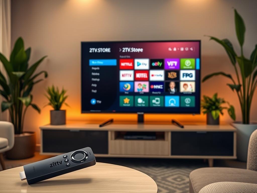 A cozy living room setup with a Firestick connected to a 4K smart TV displaying the 2TV.Store IPTV interface. The TV is placed on a sleek modern entertainment center, surrounded by lush indoor plants and warm ambient lighting. The Firestick remote is prominently featured on a side table, ready for user interaction. The scene conveys a sense of simplicity and ease of use, inviting the viewer to imagine themselves effortlessly setting up and enjoying a robust IPTV experience on their home entertainment system.