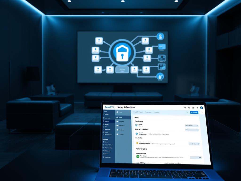 A dark, high-tech room with sleek, modern furniture and minimalist decor. In the foreground, a secure IPTV dashboard displays various security features, including two-factor authentication, encrypted login credentials, and IP address restrictions. The dashboard is bathed in a soft blue glow, creating a sense of digital sophistication. In the middle ground, a laptop shows a detailed view of the IPTV account settings, highlighting advanced security configurations. The background features a large, wall-mounted display showcasing a secure network diagram, illustrating the layers of protection for the IPTV service. A dark, high-tech room with sleek, modern furniture and minimalist decor. In the foreground, a secure IPTV dashboard displays various security features, including two-factor authentication, encrypted login credentials, and IP address restrictions. The dashboard is bathed in a soft blue glow, creating a sense of digital sophistication. In the middle ground, a laptop shows a detailed view of the IPTV account settings, highlighting advanced security configurations. The background features a large, wall-mounted display showcasing a secure network diagram, illustrating the layers of protection for the IPTV service.