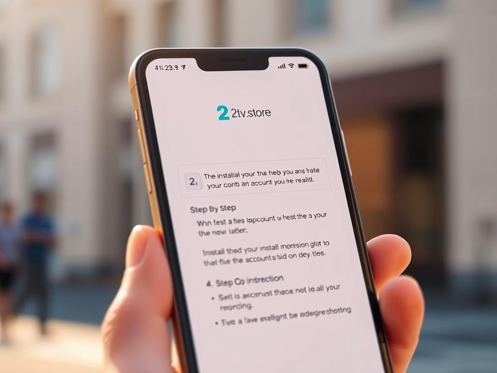 A detailed, high-resolution image of the 2tv.store mobile app setup screen on a modern smartphone display. The screen shows a clean, minimalist interface with a prominent "2tv.store" logo at the top. Below, step-by-step instructions guide the user through the installation and account creation process, with clear and intuitive UI elements. The smartphone is positioned at a 3/4 angle, bathed in warm, natural lighting that highlights the vibrant colors and crisp details of the display. The background is a simple, blurred urban environment, suggesting the app's portability and accessibility on the go. A detailed, high-resolution image of the 2tv.store mobile app setup screen on a modern smartphone display. The screen shows a clean, minimalist interface with a prominent "2tv.store" logo at the top. Below, step-by-step instructions guide the user through the installation and account creation process, with clear and intuitive UI elements. The smartphone is positioned at a 3/4 angle, bathed in warm, natural lighting that highlights the vibrant colors and crisp details of the display. The background is a simple, blurred urban environment, suggesting the app's portability and accessibility on the go.