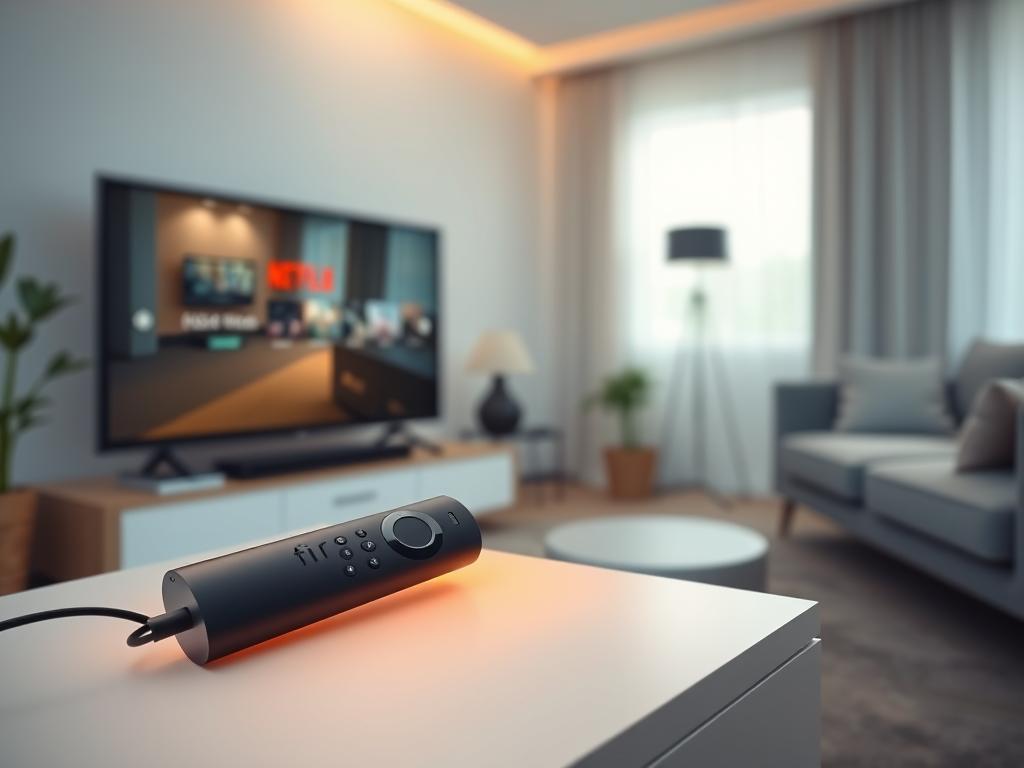 A digital living room setting with a Firestick device prominently displayed on a TV stand. The Firestick is illuminated, casting a warm glow, suggesting easy access to free IPTV content. The background features a cozy, minimalist interior with neutral tones and clean lines, creating a calming atmosphere. Soft, diffused lighting fills the space, highlighting the Firestick's simplicity and the potential for seamless streaming. The composition emphasizes the Firestick as the focal point, inviting the viewer to explore the possibilities of free IPTV for their home entertainment setup. A digital living room setting with a Firestick device prominently displayed on a TV stand. The Firestick is illuminated, casting a warm glow, suggesting easy access to free IPTV content. The background features a cozy, minimalist interior with neutral tones and clean lines, creating a calming atmosphere. Soft, diffused lighting fills the space, highlighting the Firestick's simplicity and the potential for seamless streaming. The composition emphasizes the Firestick as the focal point, inviting the viewer to explore the possibilities of free IPTV for their home entertainment setup.