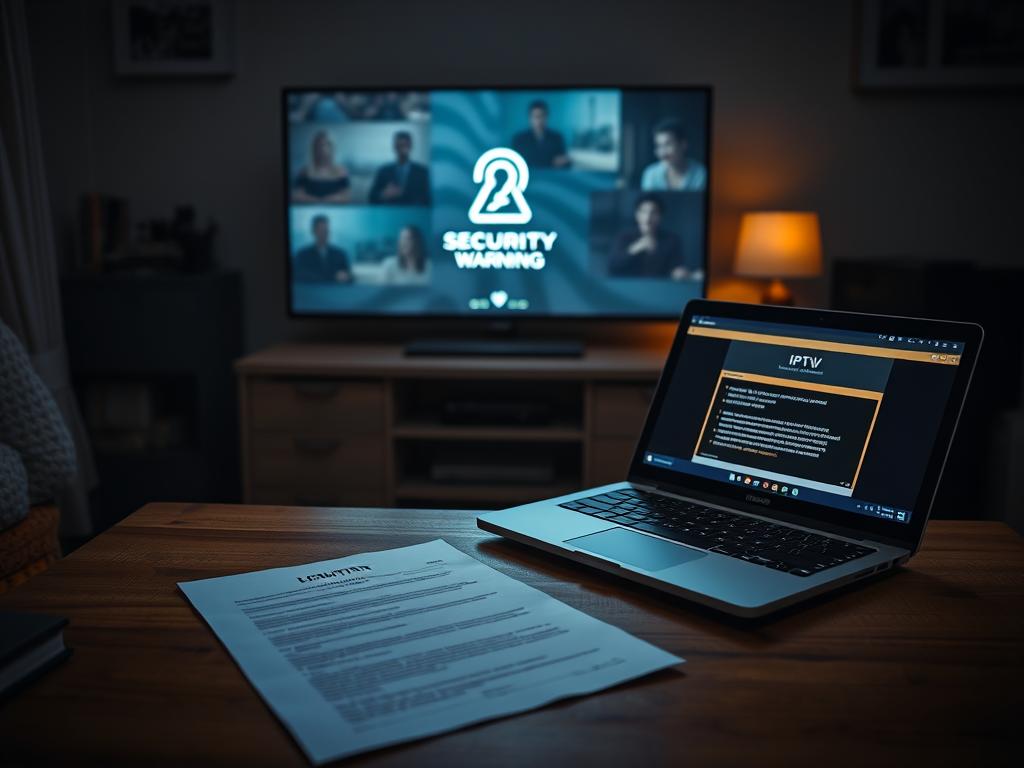 A dimly lit home office with a legal document on a wooden desk, a smart TV displaying security warning signs, and a laptop connected to an IPTV service. The scene has a sense of tension and caution, with soft, dramatic lighting illuminating the key elements. The document and security warnings suggest the need for careful consideration of legal and security implications when using IPTV. The composition draws the viewer's attention to the central conflict between the convenience of IPTV and the potential risks involved. A dimly lit home office with a legal document on a wooden desk, a smart TV displaying security warning signs, and a laptop connected to an IPTV service. The scene has a sense of tension and caution, with soft, dramatic lighting illuminating the key elements. The document and security warnings suggest the need for careful consideration of legal and security implications when using IPTV. The composition draws the viewer's attention to the central conflict between the convenience of IPTV and the potential risks involved.