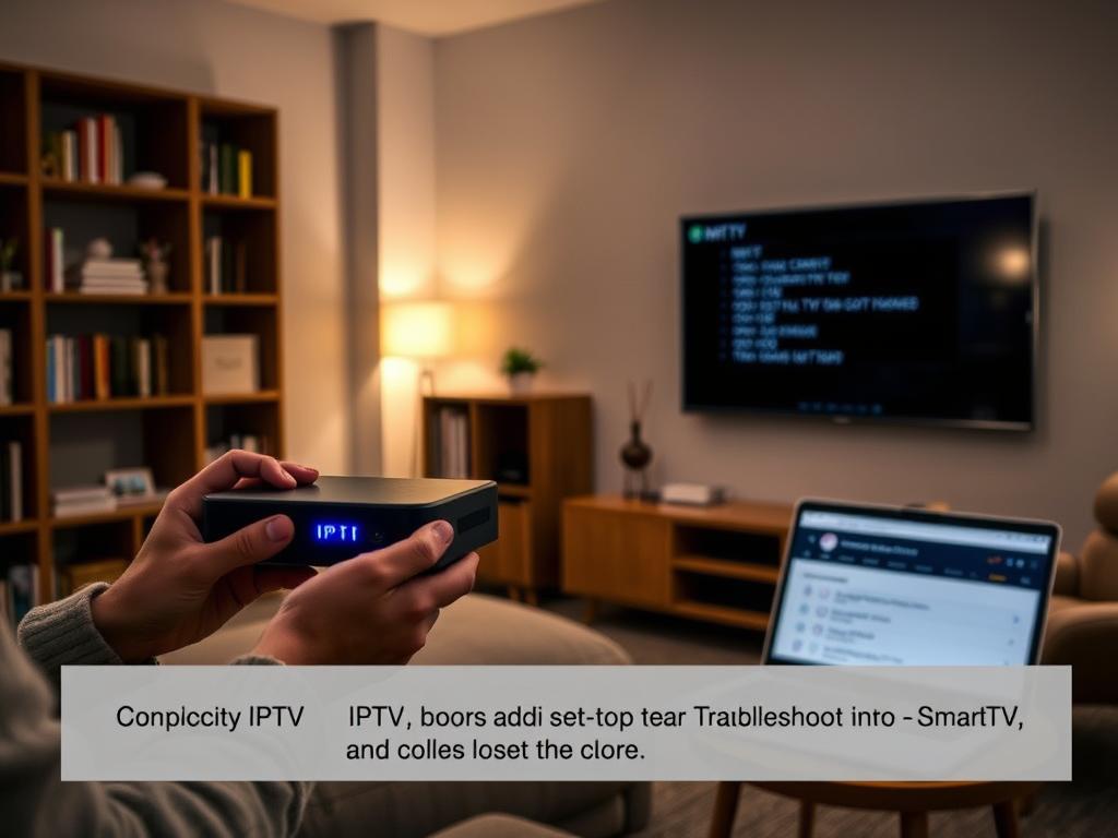 A dimly lit living room with a sleek, modern Smart TV mounted on the wall. In the foreground, a person's hands manipulating the settings on an IPTV set-top box, its blue LED lights casting a soft glow. Behind them, a laptop open on a side table, displaying troubleshooting steps. Bookshelves and a cozy armchair create a warm, homely atmosphere, suggesting a comfortable, problem-solving environment. Subtle ambient lighting and a muted color palette evoke a sense of focus and concentration, as the person works to resolve the IPTV-to-Smart TV connectivity issue. A dimly lit living room with a sleek, modern Smart TV mounted on the wall. In the foreground, a person's hands manipulating the settings on an IPTV set-top box, its blue LED lights casting a soft glow. Behind them, a laptop open on a side table, displaying troubleshooting steps. Bookshelves and a cozy armchair create a warm, homely atmosphere, suggesting a comfortable, problem-solving environment. Subtle ambient lighting and a muted color palette evoke a sense of focus and concentration, as the person works to resolve the IPTV-to-Smart TV connectivity issue.