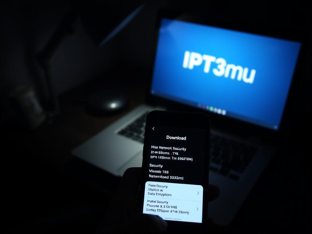 A dimly lit room, soft shadows cast by a single desktop lamp, illuminating a laptop screen displaying the IPTV3mu logo. The laptop's keyboard is visible, its keys slightly worn, hinting at frequent use. In the foreground, a hand holds a mobile device, its screen showing network security statistics and data encryption details. The overall atmosphere conveys a sense of careful consideration, as if the user is evaluating the security implications of the IPTV3mu download process. Muted colors and a subtle depth of field focus the viewer's attention on the critical security information displayed.
