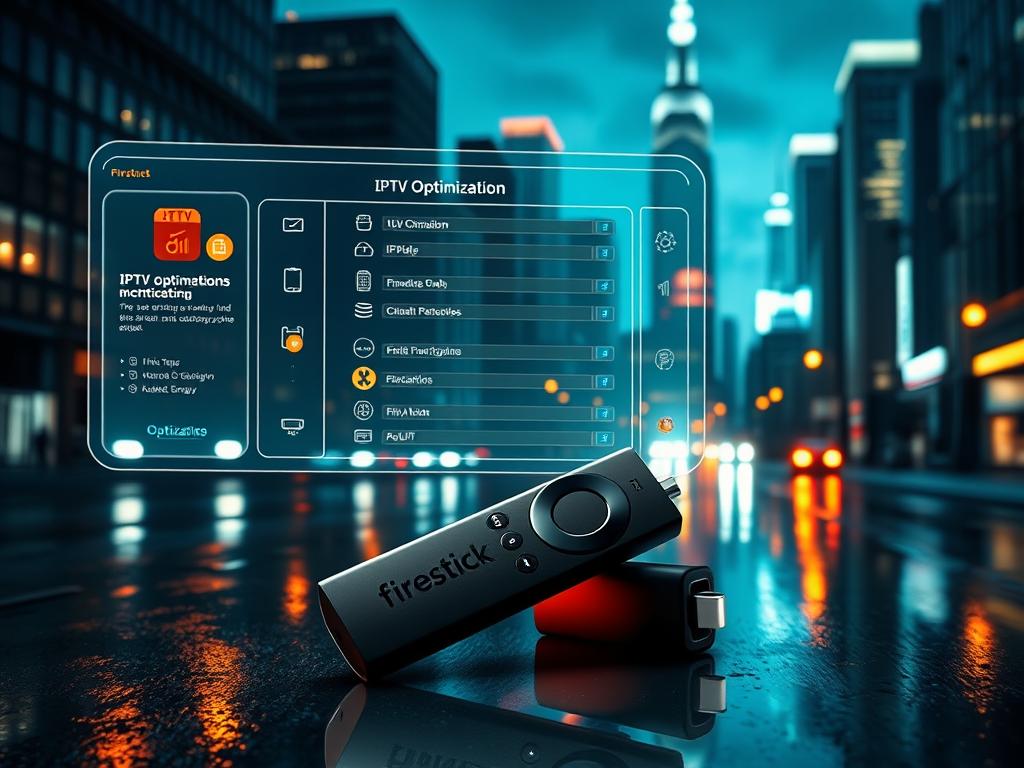 A futuristic Firestick device prominently displayed in the foreground, its sleek black exterior illuminated by a warm, golden glow. In the middle ground, a holographic interface showcases various IPTV optimization settings, with a visually appealing and intuitive user experience. The background depicts a cityscape at night, with skyscrapers and neon lights reflecting off a rain-soaked pavement, creating a moody, cyberpunk atmosphere. The overall scene conveys a sense of technological advancement, seamless integration, and the power of optimizing your Firestick for an immersive IPTV experience.
