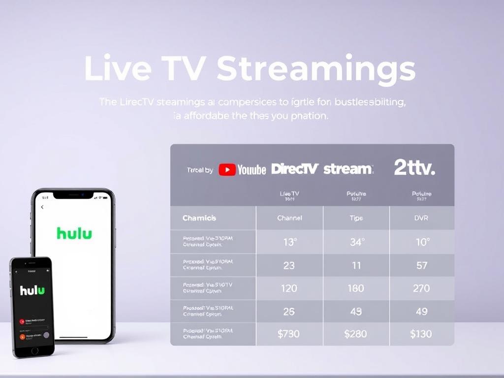 A high-quality, comparative infographic showcasing the live TV streaming services, set against a clean, minimalist backdrop. The foreground features a series of phone screens displaying the logos and subscription details of popular providers like Hulu, YouTube TV, DirecTV Stream, and 2tv.store. The middle ground presents a simple, side-by-side comparison of key features like channel selection, pricing, and DVR capabilities. The background is a soft, neutral gradient that allows the information to take center stage. The overall mood is professional, informative, and designed to help the viewer easily visualize and compare the options for affordable live TV streaming.