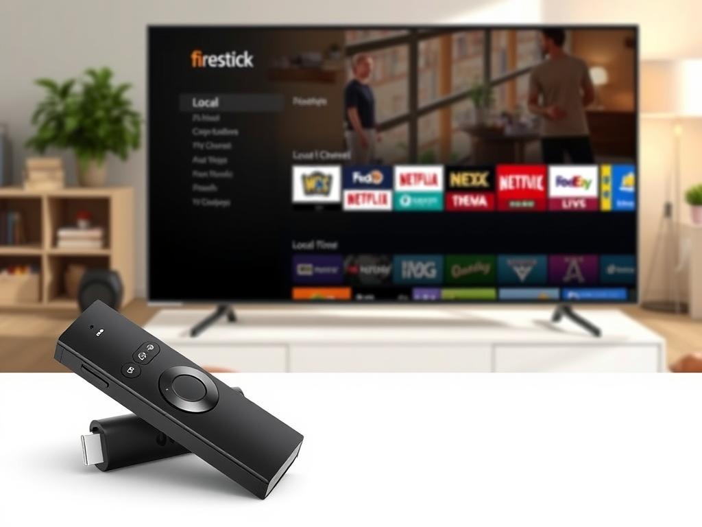 A high-resolution, detailed illustration of a Firestick device displaying a sleek, modern local channels guide interface. The foreground shows the Firestick device in a clean, minimalist design, seamlessly blending with the crisp, vibrant display showcasing a user-friendly grid of local TV channel listings. The middle ground features a subtle, soft-focus backdrop of a cozy living room setting, hinting at the comfortable, immersive viewing experience. The lighting is natural and warm, creating a welcoming ambiance. The overall composition conveys a sense of ease and accessibility, highlighting the simplicity of accessing local channels on the Firestick. A high-resolution, detailed illustration of a Firestick device displaying a sleek, modern local channels guide interface. The foreground shows the Firestick device in a clean, minimalist design, seamlessly blending with the crisp, vibrant display showcasing a user-friendly grid of local TV channel listings. The middle ground features a subtle, soft-focus backdrop of a cozy living room setting, hinting at the comfortable, immersive viewing experience. The lighting is natural and warm, creating a welcoming ambiance. The overall composition conveys a sense of ease and accessibility, highlighting the simplicity of accessing local channels on the Firestick.