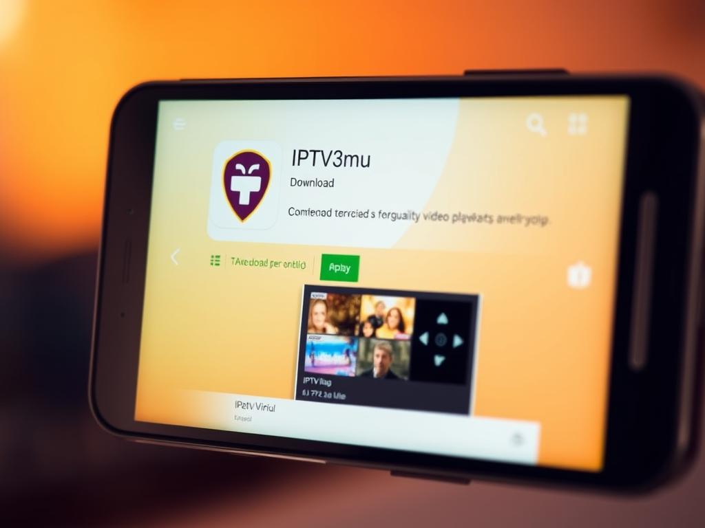 A high-resolution, detailed image of an Android smartphone screen displaying the IPTV3mu app download page. The screen is well-lit, with a warm, inviting color palette. The app's sleek, modern interface is prominently featured, showcasing its intuitive controls and high-quality video playback capabilities. The background blurs softly, keeping the download process as the central focus. The overall composition conveys a sense of simplicity and ease-of-use, highlighting why IPTV3mu is the ideal choice for uninterrupted viewing on Android devices.