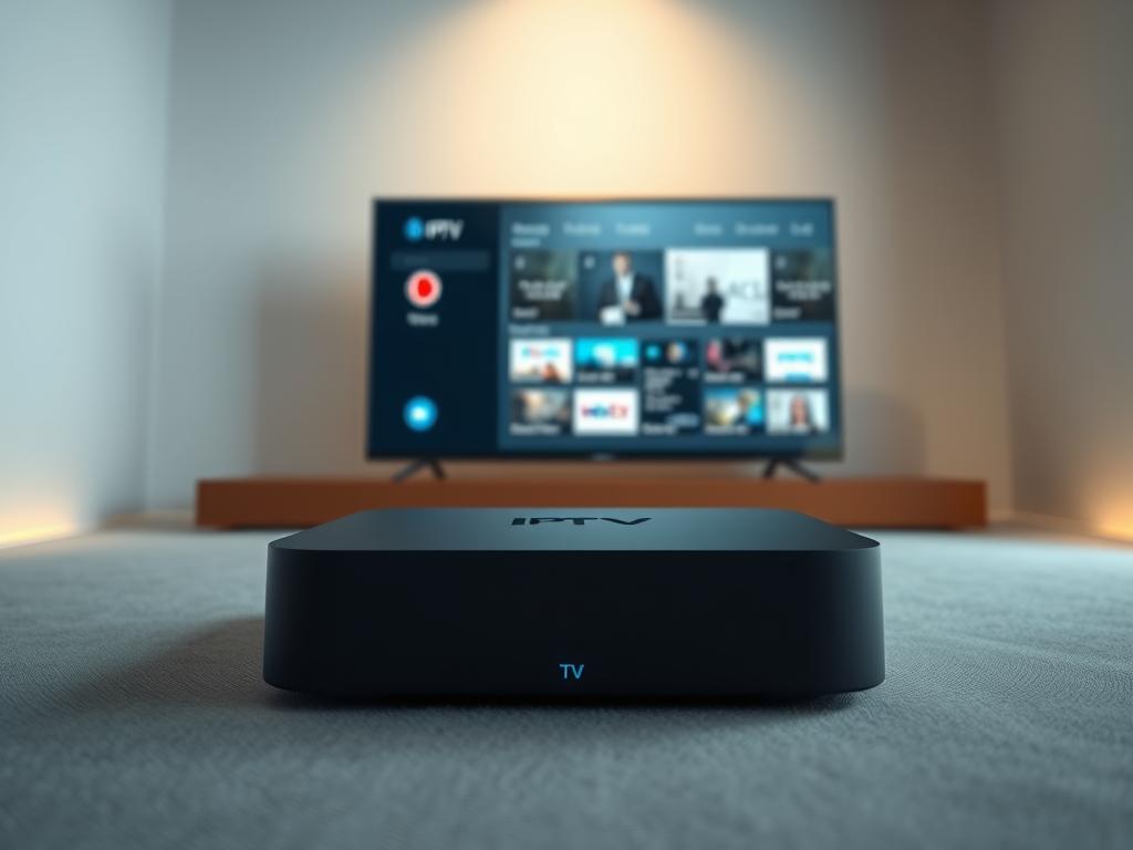 A highly detailed, photorealistic image of an Android TV box with an IPTV interface displayed on its screen. The box is positioned in the foreground, with a clean, minimalist design in matte black or gray. The IPTV interface showcases a clean, intuitive layout with icons, menus, and live video feeds. The background is a neutral, uncluttered environment, allowing the device and its display to be the focal point. Subtle ambient lighting from the sides creates depth and highlights the textures of the materials. The overall composition conveys a sense of technological sophistication and reliable performance, fitting the "troubleshooting" theme.