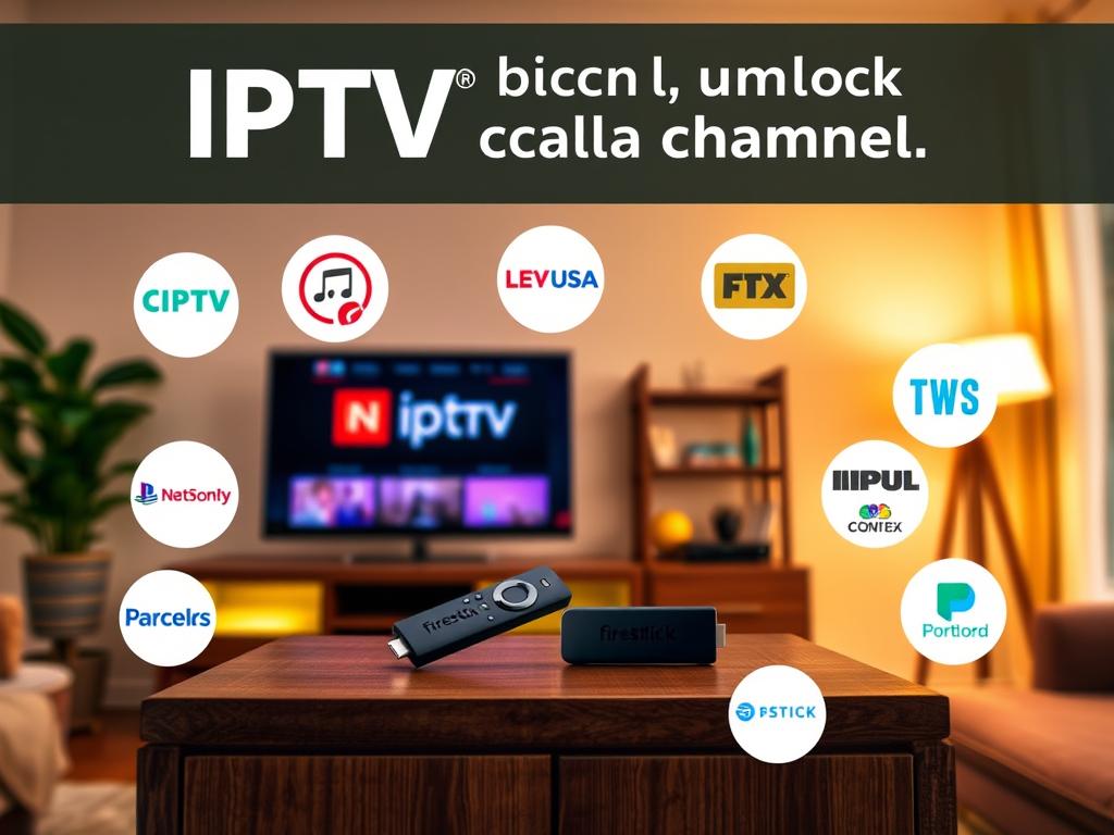 A living room setting with a Firestick device prominently displayed on a media cabinet, surrounded by various IPTV service provider logos and icons. The room is well-lit, with warm, inviting lighting that creates a cozy atmosphere. The Firestick is the focal point, showcasing its ability to access local channels through IPTV services. The composition emphasizes the integration of IPTV and the Firestick, conveying the ease and convenience of unlocking local channels. The image should have a clean, modern, and visually appealing aesthetic to align with the tutorial's subject matter. A living room setting with a Firestick device prominently displayed on a media cabinet, surrounded by various IPTV service provider logos and icons. The room is well-lit, with warm, inviting lighting that creates a cozy atmosphere. The Firestick is the focal point, showcasing its ability to access local channels through IPTV services. The composition emphasizes the integration of IPTV and the Firestick, conveying the ease and convenience of unlocking local channels. The image should have a clean, modern, and visually appealing aesthetic to align with the tutorial's subject matter.