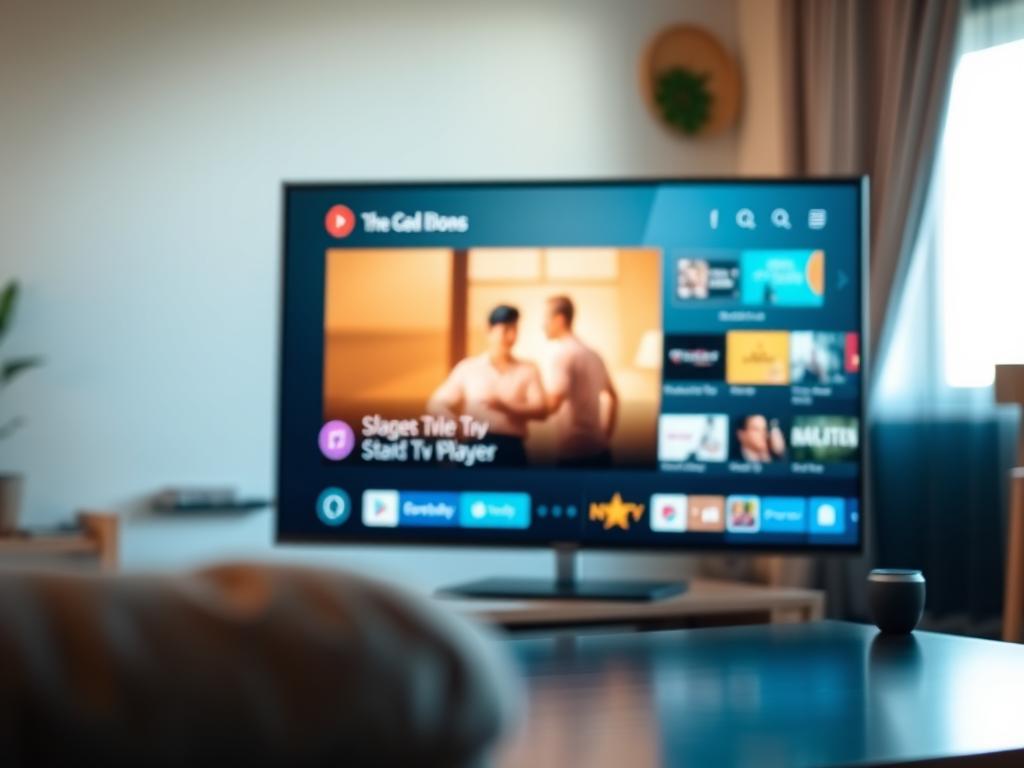 A modern Android TV device displaying a user interface with a streaming video player app in the center, surrounded by various app icons and content thumbnails. The scene is well-lit, with a soft, diffused lighting that creates a warm, inviting atmosphere. The camera angle is slightly elevated, providing a clear view of the screen and the device's sleek, minimalist design. The background is slightly blurred, with subtle hints of a living room or home entertainment setup, conveying a sense of domestic comfort and relaxation.