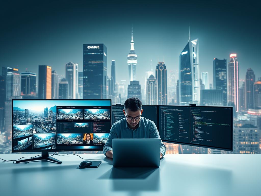 A modern, high-tech IPTV website development scene. In the foreground, a sleek, minimalist interface showcases an IPTV platform with crisp, high-definition video streams. The middle ground features a developer coding furiously on a laptop, surrounded by monitors displaying complex diagrams and code snippets. In the background, a futuristic cityscape with towering skyscrapers and glowing neon lights sets the stage for this innovative technological landscape. The lighting is sharp and directional, casting dramatic shadows and highlights to create a sense of depth and dynamism. The overall mood is one of cutting-edge technology, efficiency, and the endless possibilities of the IPTV industry.