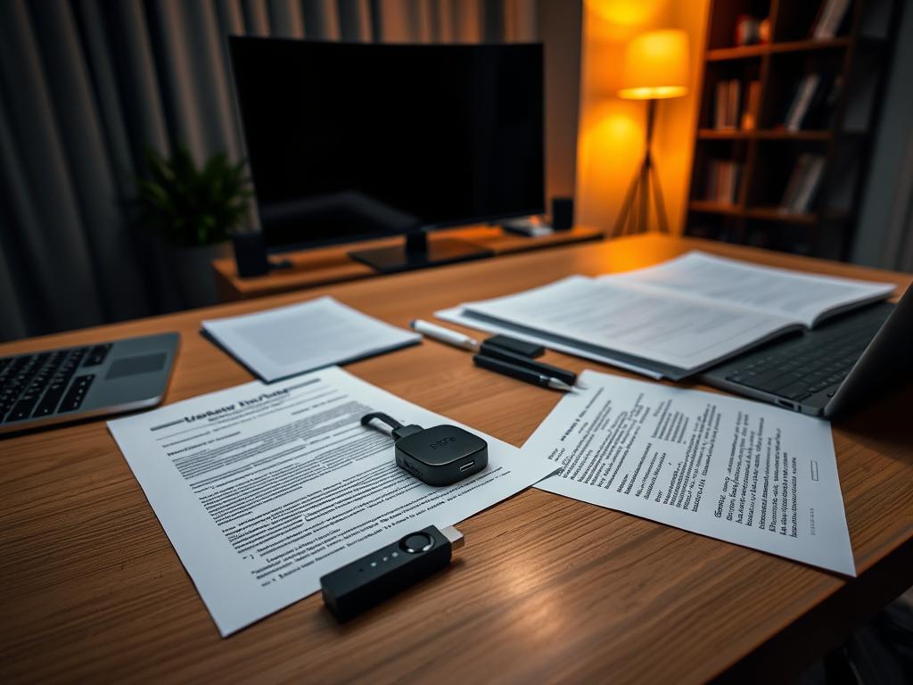 A modern home office, dimly lit with warm lighting. On the desk, a sleek black Firestick device stands out against the clean, minimalist workspace. Legal documents and a laptop computer suggest the serious nature of the task at hand - researching the legal implications of using IPTV services. The room's atmosphere is contemplative, with a sense of professionalism and attention to detail. The camera angle is slightly elevated, giving a bird's-eye view of the scene and emphasizing the considered, deliberate nature of the activity. A modern home office, dimly lit with warm lighting. On the desk, a sleek black Firestick device stands out against the clean, minimalist workspace. Legal documents and a laptop computer suggest the serious nature of the task at hand - researching the legal implications of using IPTV services. The room's atmosphere is contemplative, with a sense of professionalism and attention to detail. The camera angle is slightly elevated, giving a bird's-eye view of the scene and emphasizing the considered, deliberate nature of the activity.
