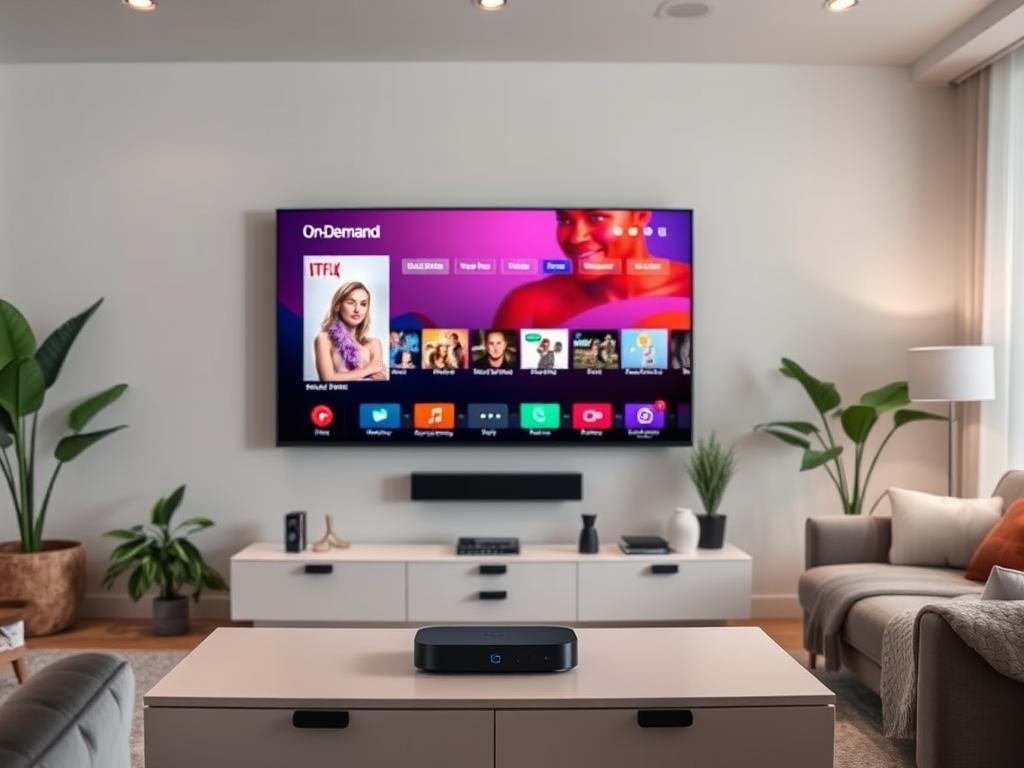 A modern living room with a large flat-screen TV mounted on the wall. The TV displays a vibrant, on-demand streaming interface with a variety of content options. In the foreground, a sleek, minimalist media console holds a high-end streaming device. Soft, indirect lighting illuminates the scene, creating a cozy and inviting atmosphere. The room is decorated with modern, neutral-toned furnishings, plants, and artwork, reflecting a stylish and tech-savvy aesthetic. The overall scene conveys the convenience and versatility of a top-tier streaming service experience in the comfort of a well-appointed home. A modern living room with a large flat-screen TV mounted on the wall. The TV displays a vibrant, on-demand streaming interface with a variety of content options. In the foreground, a sleek, minimalist media console holds a high-end streaming device. Soft, indirect lighting illuminates the scene, creating a cozy and inviting atmosphere. The room is decorated with modern, neutral-toned furnishings, plants, and artwork, reflecting a stylish and tech-savvy aesthetic. The overall scene conveys the convenience and versatility of a top-tier streaming service experience in the comfort of a well-appointed home.