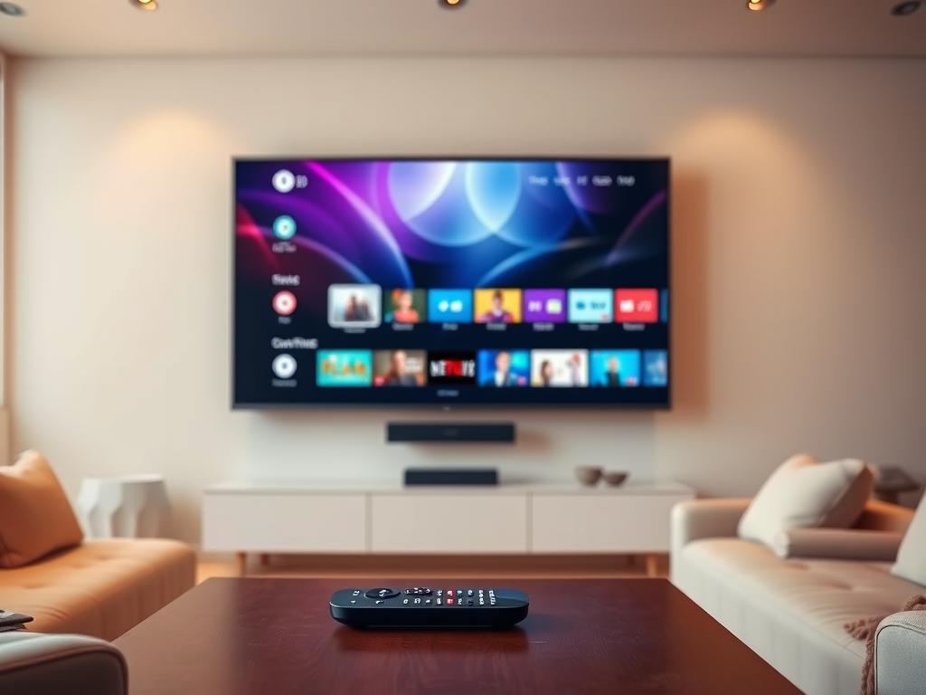 A modern living room with a large flat-screen television mounted on the wall, displaying a vivid, high-definition streaming interface. The screen shows a diverse array of content options, with sleek icons and intuitive menus. The room is bathed in warm, diffused lighting, creating a cozy and inviting atmosphere. In the foreground, a coffee table with a remote control and a smartphone, symbolizing the seamless integration of streaming across multiple devices. The middle ground features plush, comfortable seating, encouraging a relaxed viewing experience. The background showcases a minimalist, contemporary decor, emphasizing the streamlined and technology-driven nature of the scene.