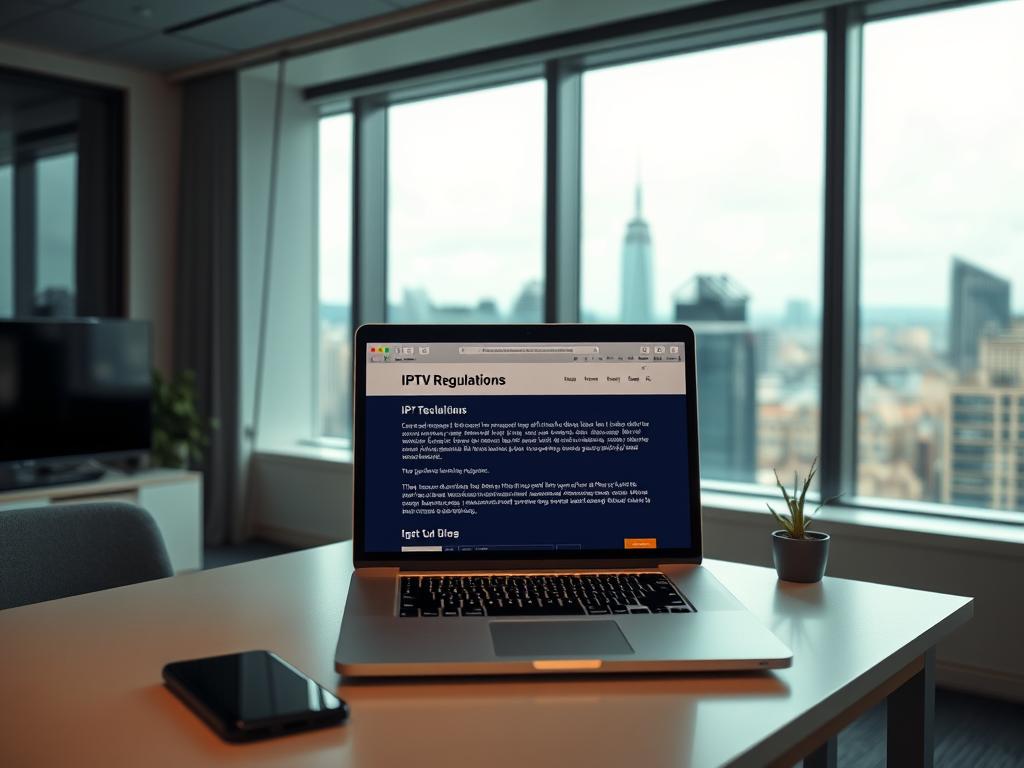 A modern office interior with a large window overlooking a bustling city skyline. On the desk, a laptop displays a webpage with information about IPTV regulations in the UK. The lighting is soft and natural, creating a sense of professionalism and legality. The room is clean and organized, with subtle hints of the digital world, such as a smartphone and a small desk plant. The overall atmosphere conveys a sense of diligence and attention to detail, reflecting the legal considerations surrounding IPTV use in the UK.